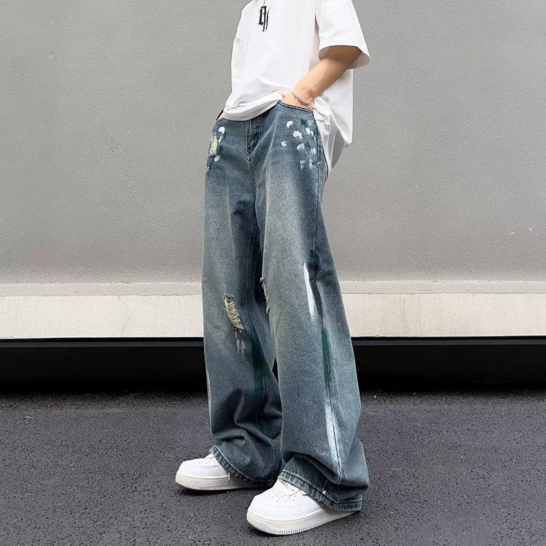 Japanese Brand Men's loose wide-leg straight American washed ripped jeans Size US 32 / EU 48 - 5 Thumbnail