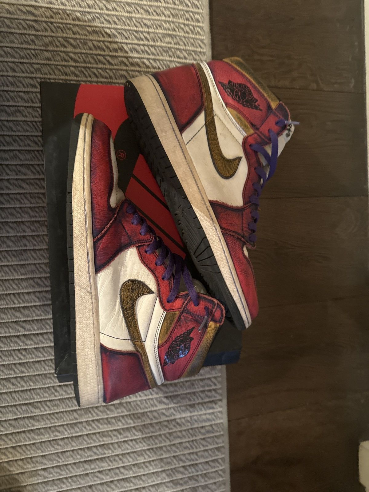 image of Jordan Nike Jordan 1 Retro High OG Defiant Sb “La To Chicago” Shoes in Red/Purple, Men's (Size 14)