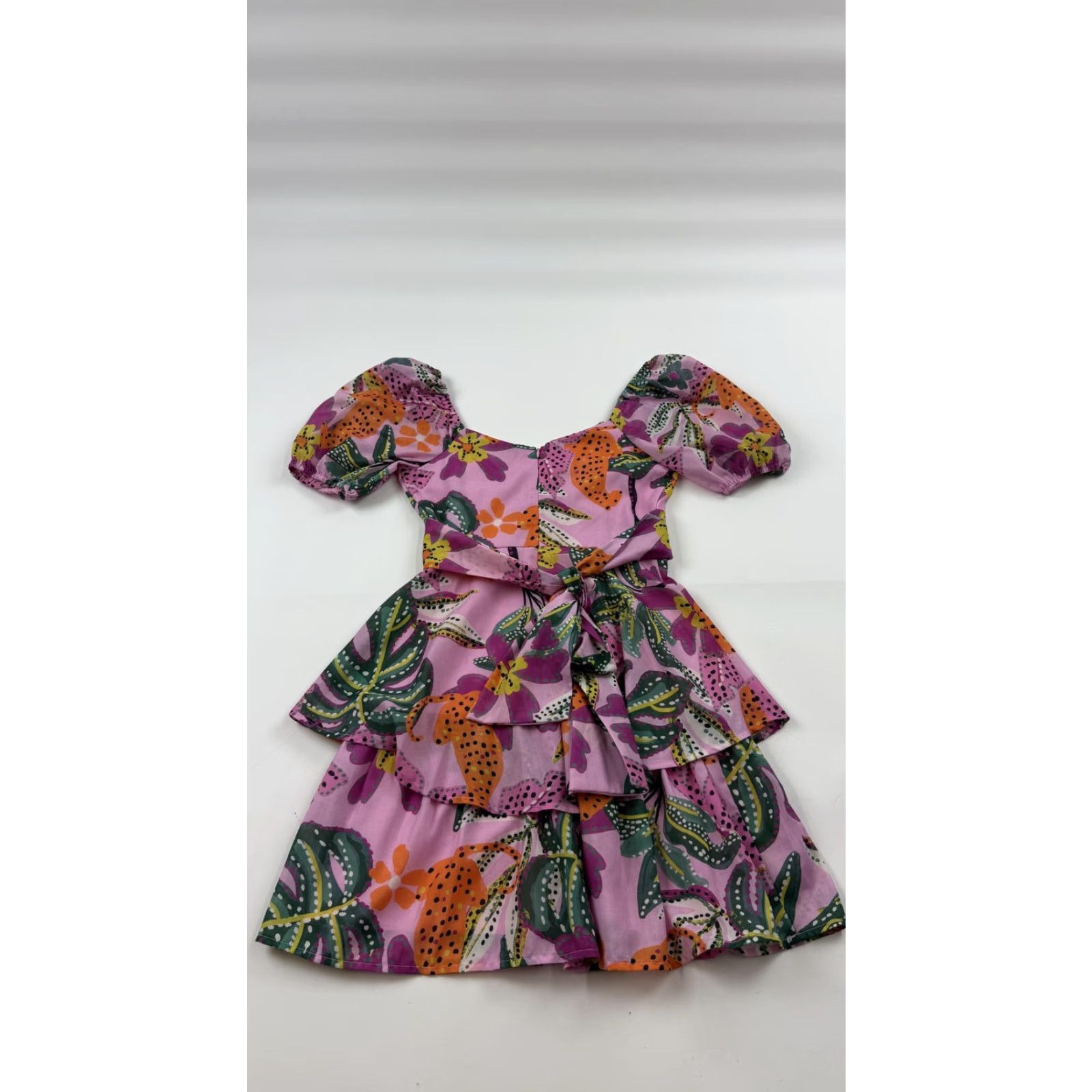 Pinko Crystal Sky Dress Womens XS Pink Floral Ruffle Tiered Puff Sleeve Mini Lined Size XS / US 0-2 / IT 36-38 - 7 Thumbnail