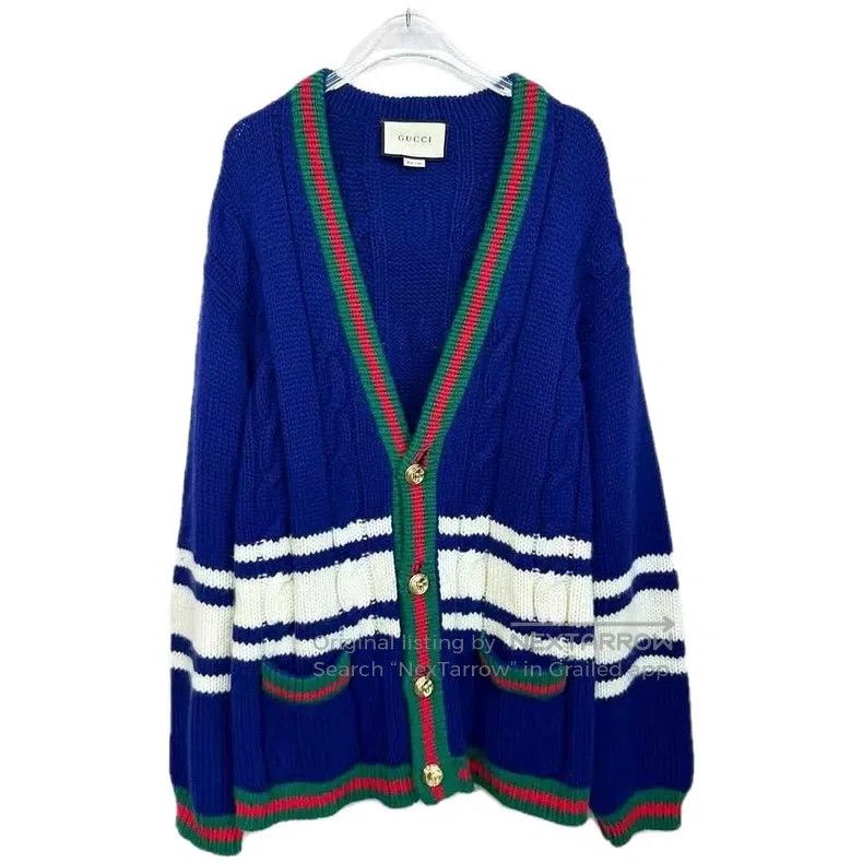 Gucci Gucci Dark blue striped logo letter inlaid wool V-neck sin Size US M / EU 48-50 / 2 - 1 Thumbnail