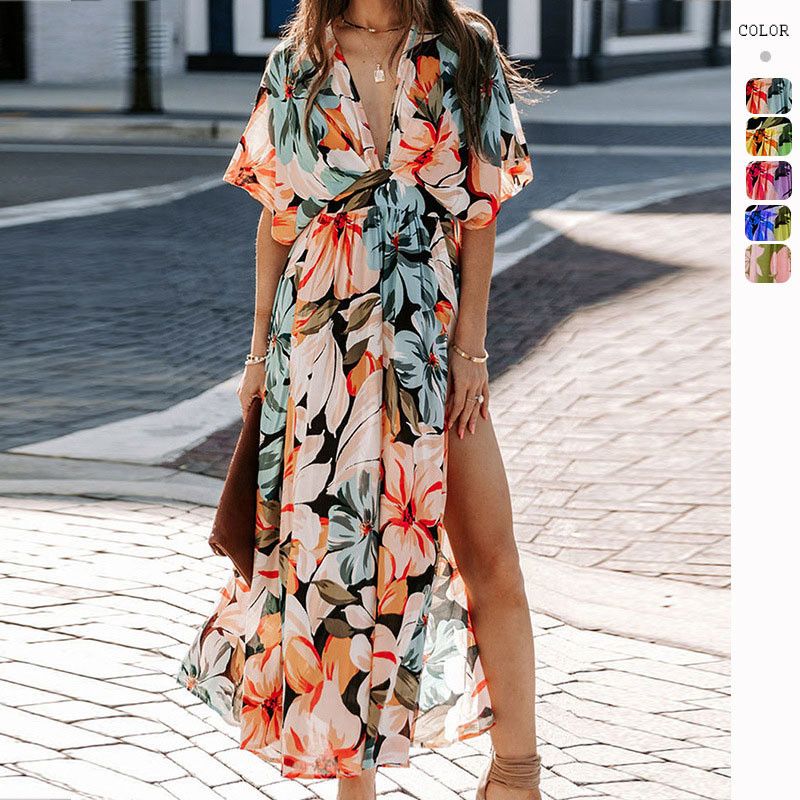image of Vintage Sexy High-Waisted Fashion Print Split Dress in Orange, Women's (Size Medium)