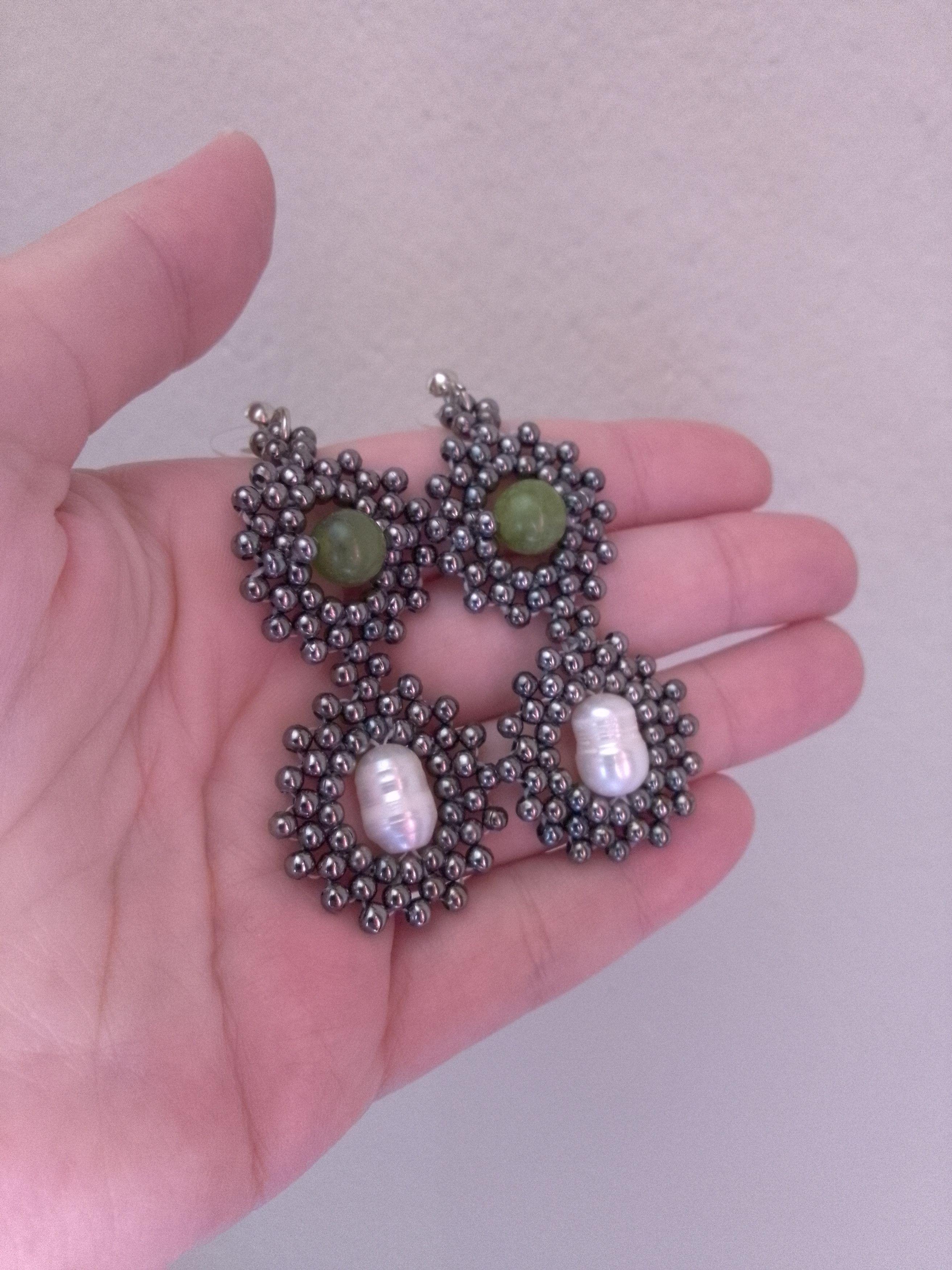 Handmade Earrings with natural freshwater pearls and green Jade Size ONE SIZE - 4 Thumbnail
