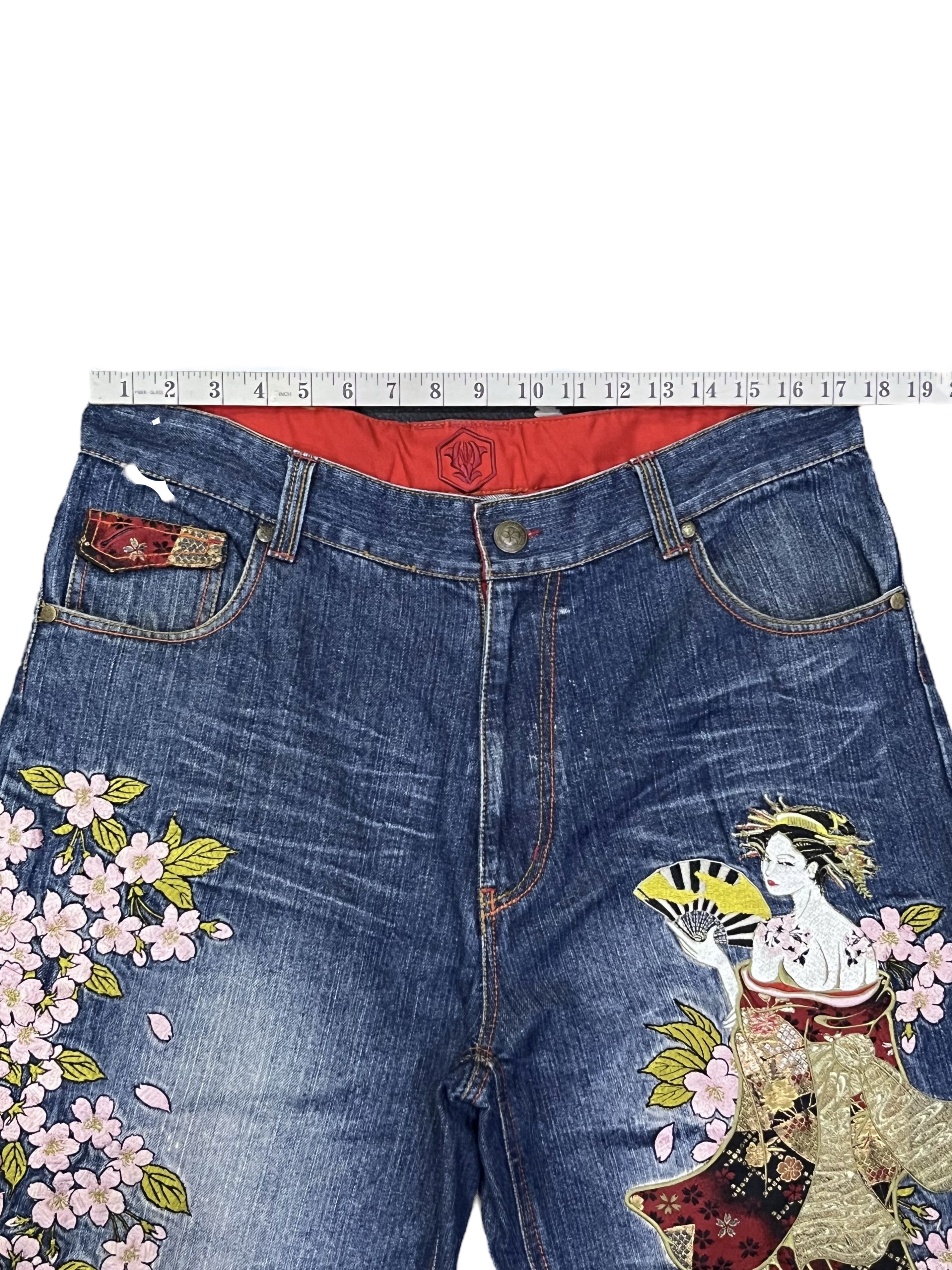 Addict Clothes Japan GEISHA & SAKURA Big Embroidery Baggy Fit Karakuri Denim Jpn Size US 35 - 20 Thumbnail