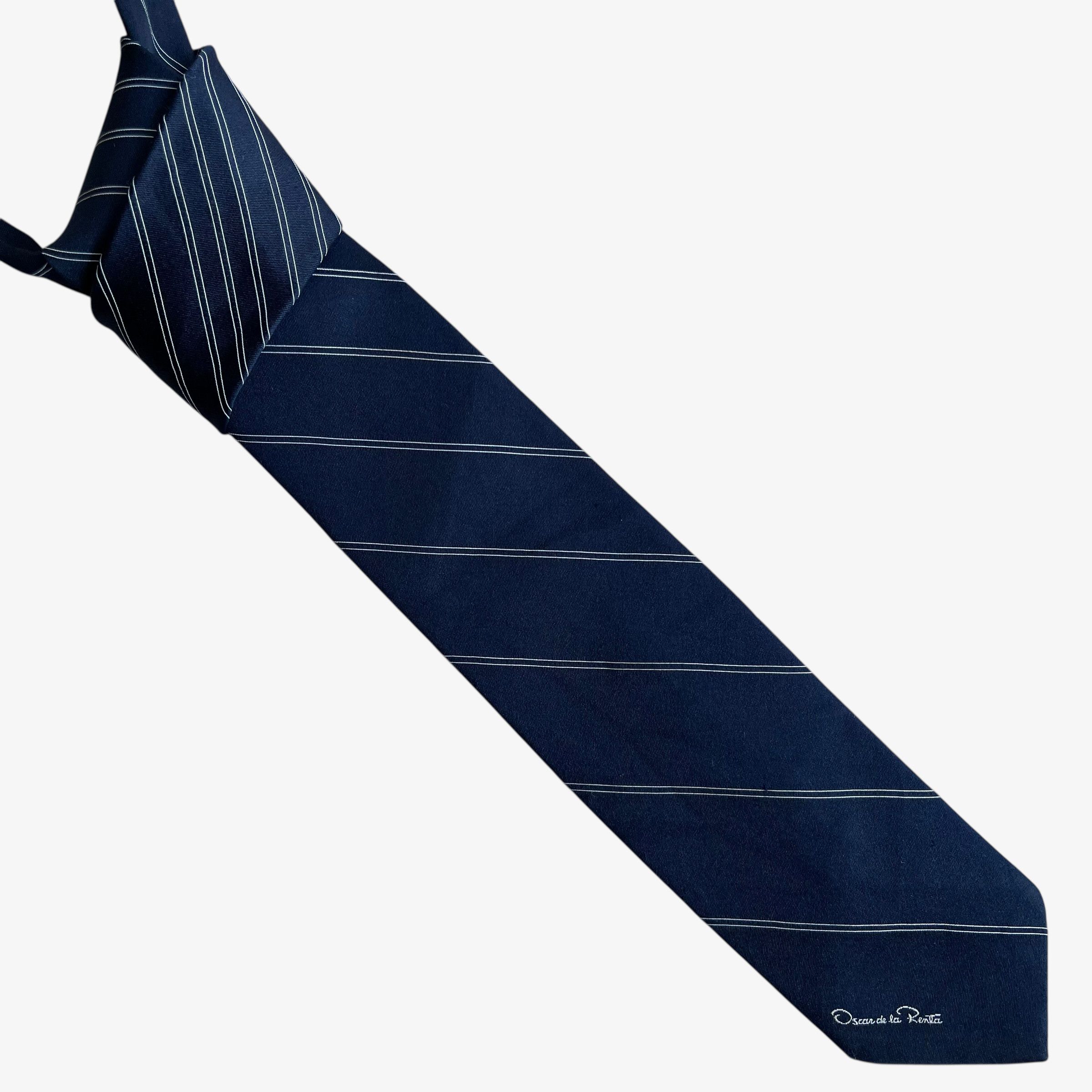 Oscar De La Renta Vintage 90s Oscar De La Renta Navy & White Striped Silk Tie Size ONE SIZE - 1 Thumbnail
