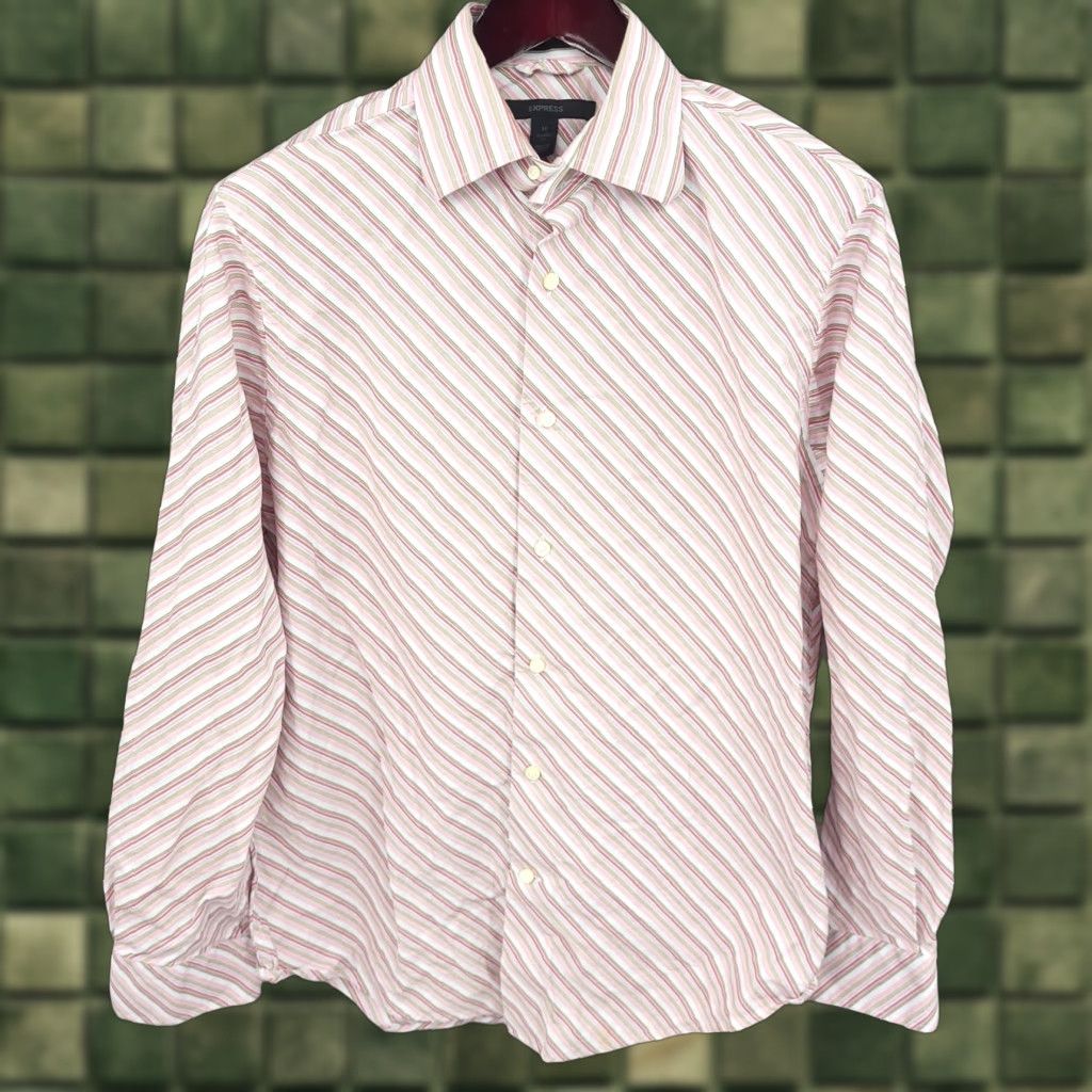 Express Express Shirt Mens Medium Pink Striped Classic Fit Button Up Polyester Blend Size US M / EU 48-50 / 2 - 1 Thumbnail