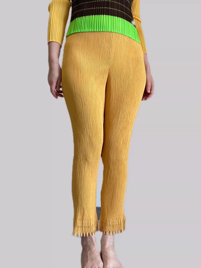 Issey Miyake Issey Miyake size:L Yellow main line lace-trimmed trousers Size 23" - 2 Thumbnail