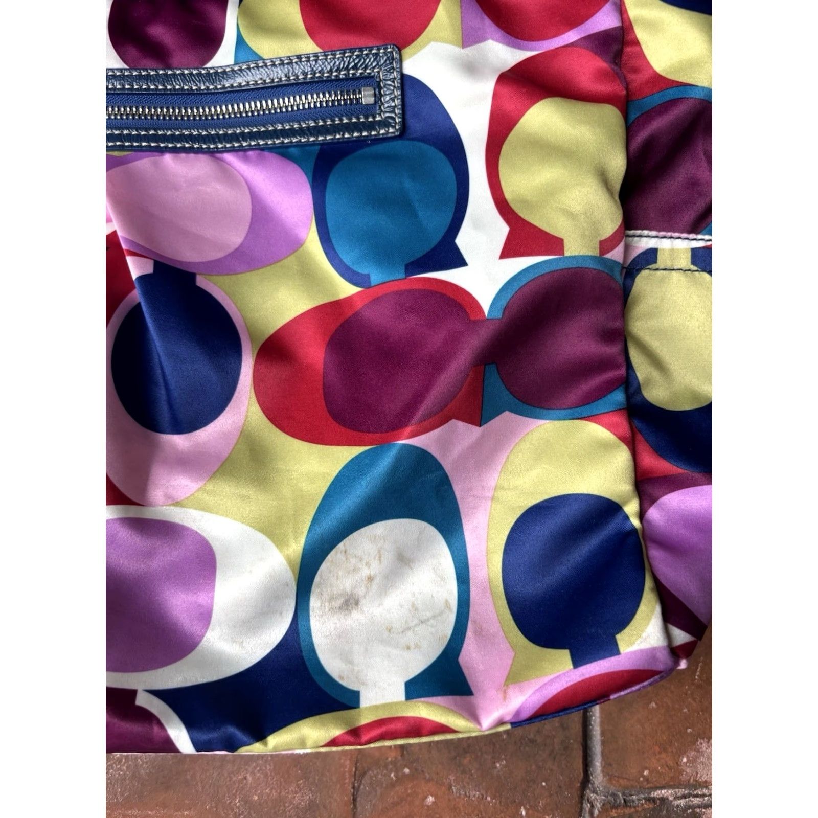 Coach Coach Poppy Signature Sateen Large Tote Shoulder Bag Scarf Print Bag Charm Multicolor Satin Leather Blue Handles Womens Shoulder Bag Medium Size ONE SIZE - 4 Thumbnail