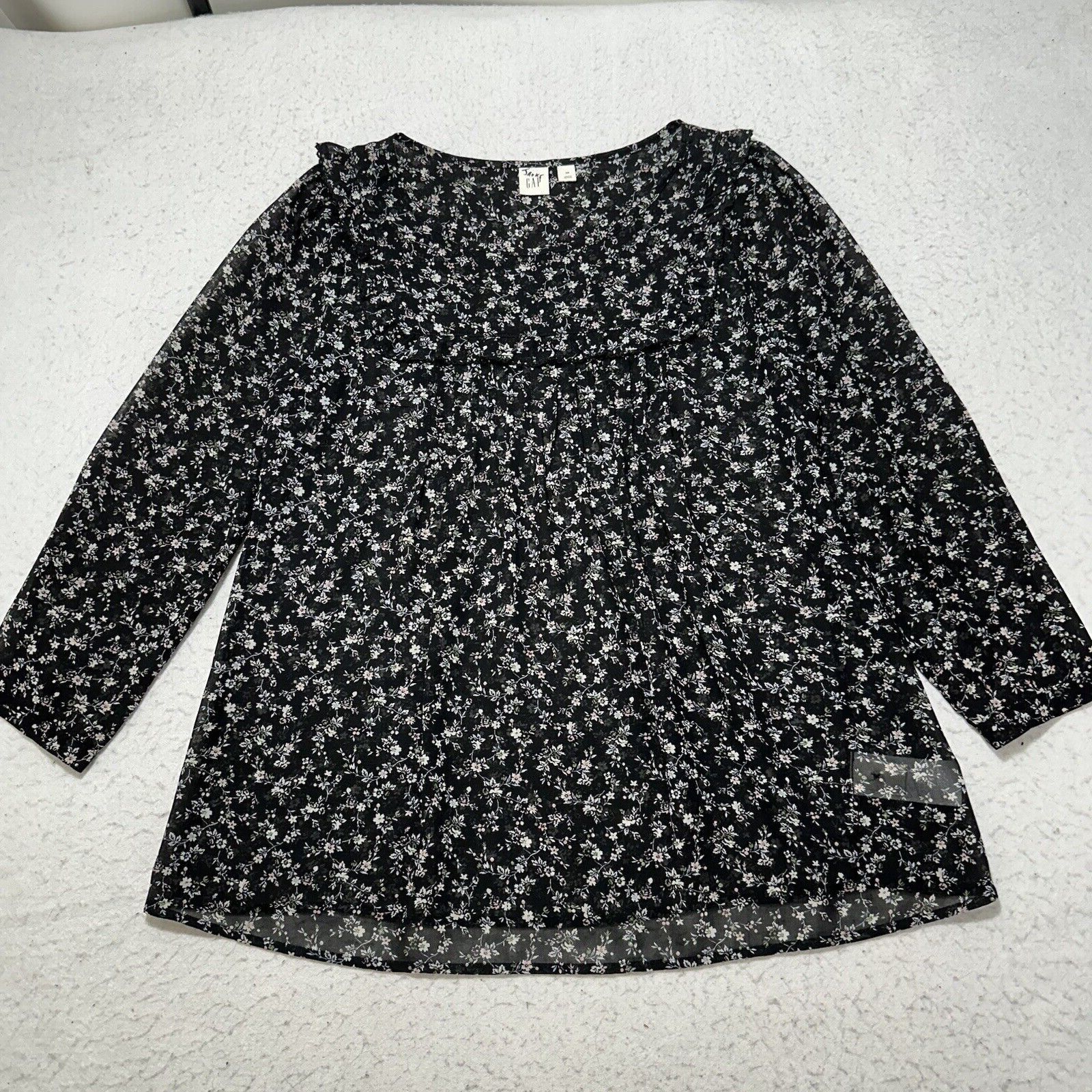 Gap GAP XS Black Crewneck Ruffle Long Sleeve Top Floral Blouse Size XS / US 0-2 / IT 36-38 - 1 Thumbnail