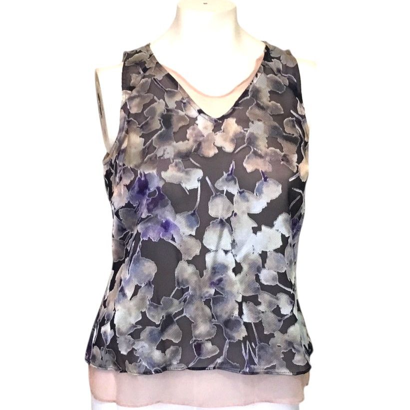 Vera Wang Vera Simply Vera Wang Top Black Tan Tiered Layer Floral PS Size S / US 4 / IT 40 - 1 Thumbnail