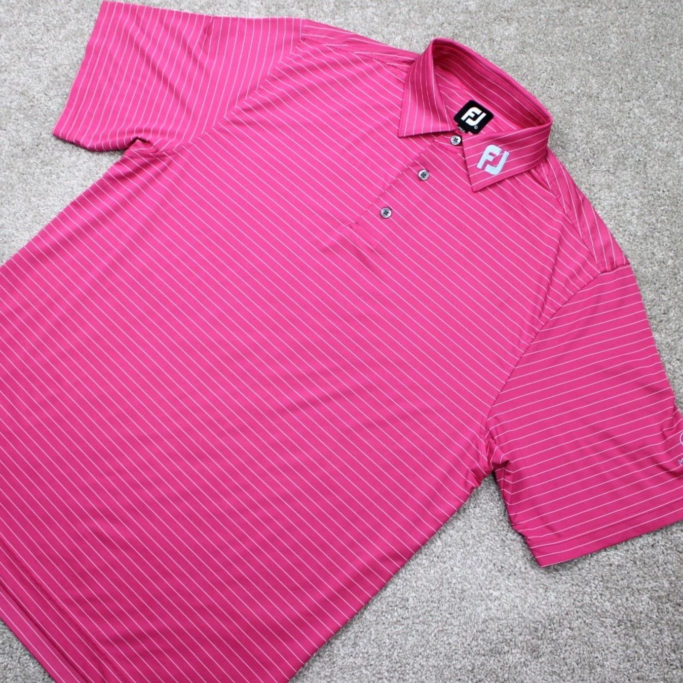 Footjoy FootJoy Polo Shirt Mens Large Pink/White Striped Polyester Stretch S/S Golf Size US L / EU 52-54 / 3 - 3 Thumbnail