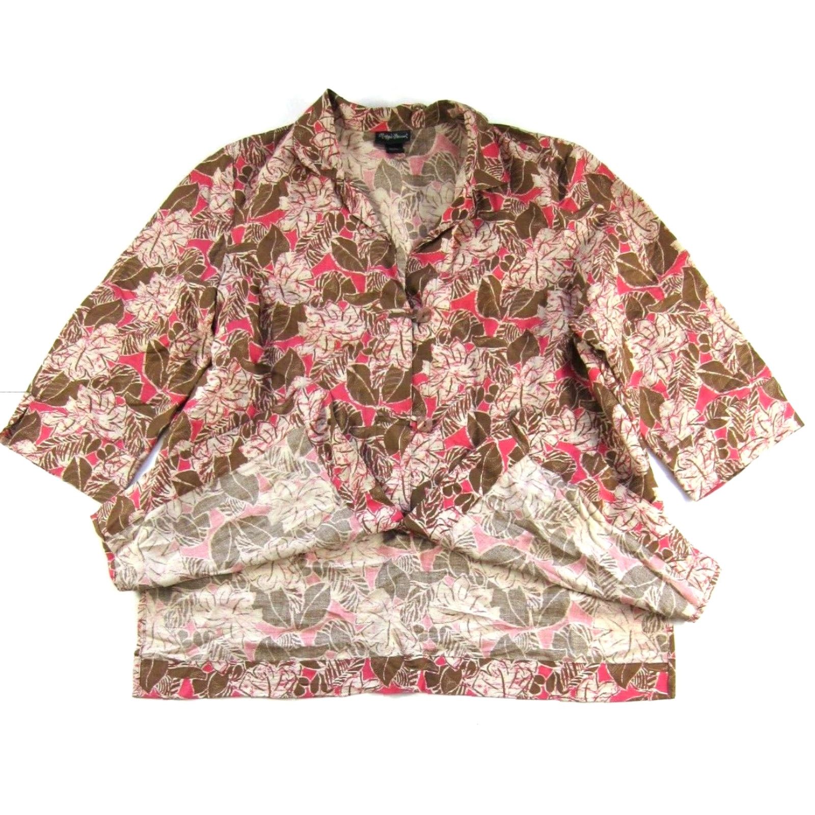 Pinko Maggie Barnes Linen Brown Pink Floral 3/4 Sleeve Button Down Collared Blouse 1X Size XL / US 12-14 / IT 48-50 - 5 Thumbnail