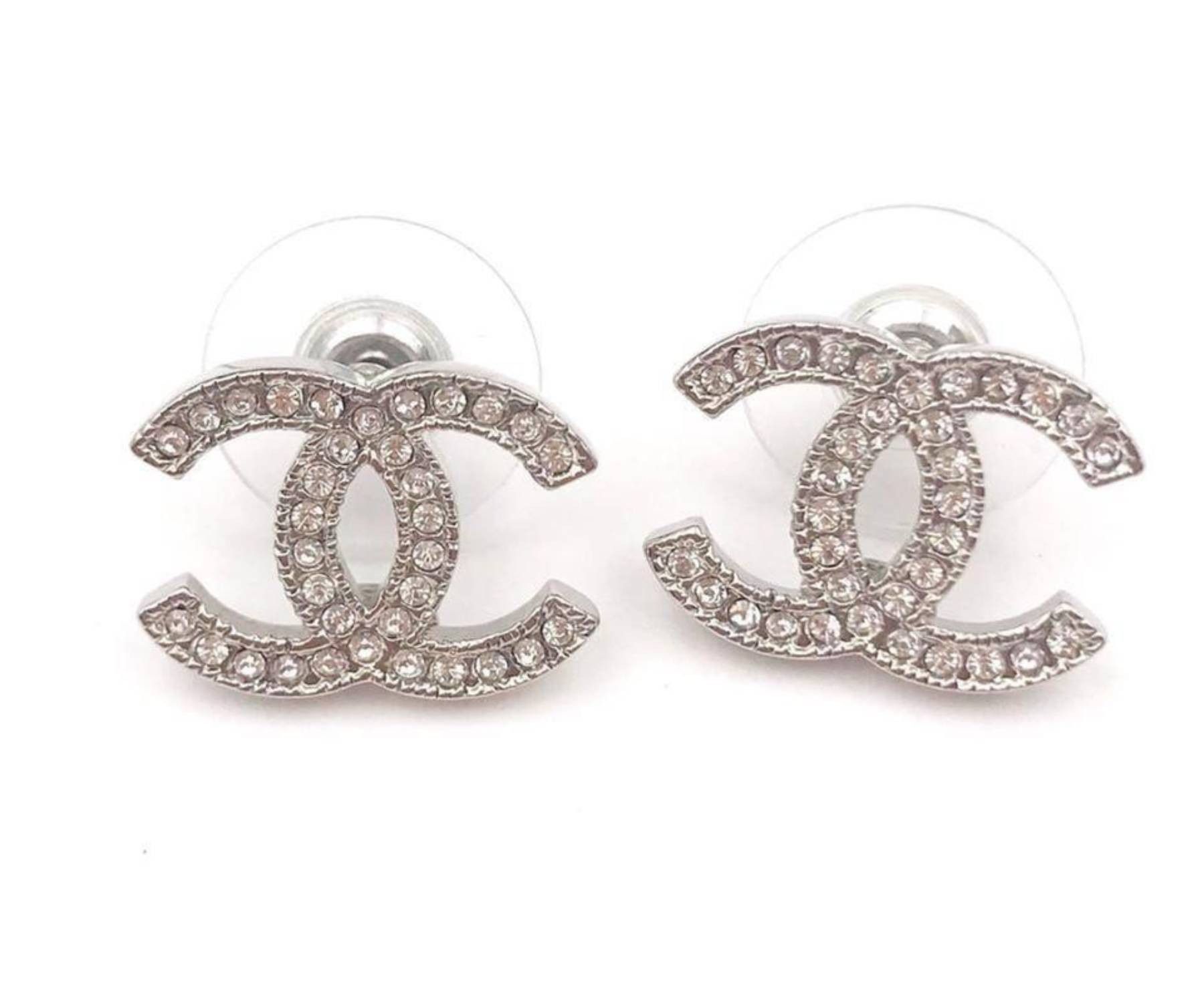 Chanel Chanel Classic Silver CC Crystal Moscova Piercing Earrings Size ONE SIZE - 1 Thumbnail
