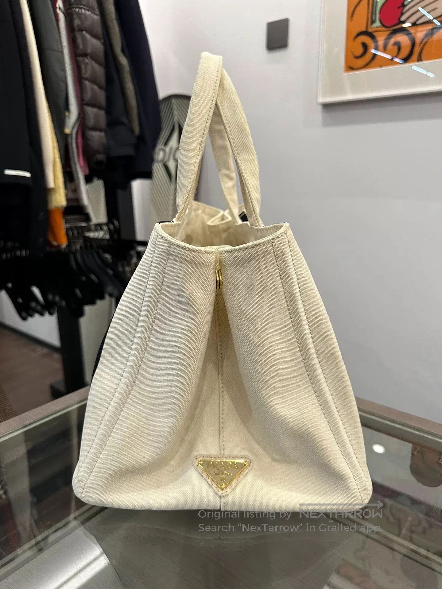 Prada Prada Side Triangle Logo White Striped Canvas Tote. Size ONE SIZE - 4 Thumbnail