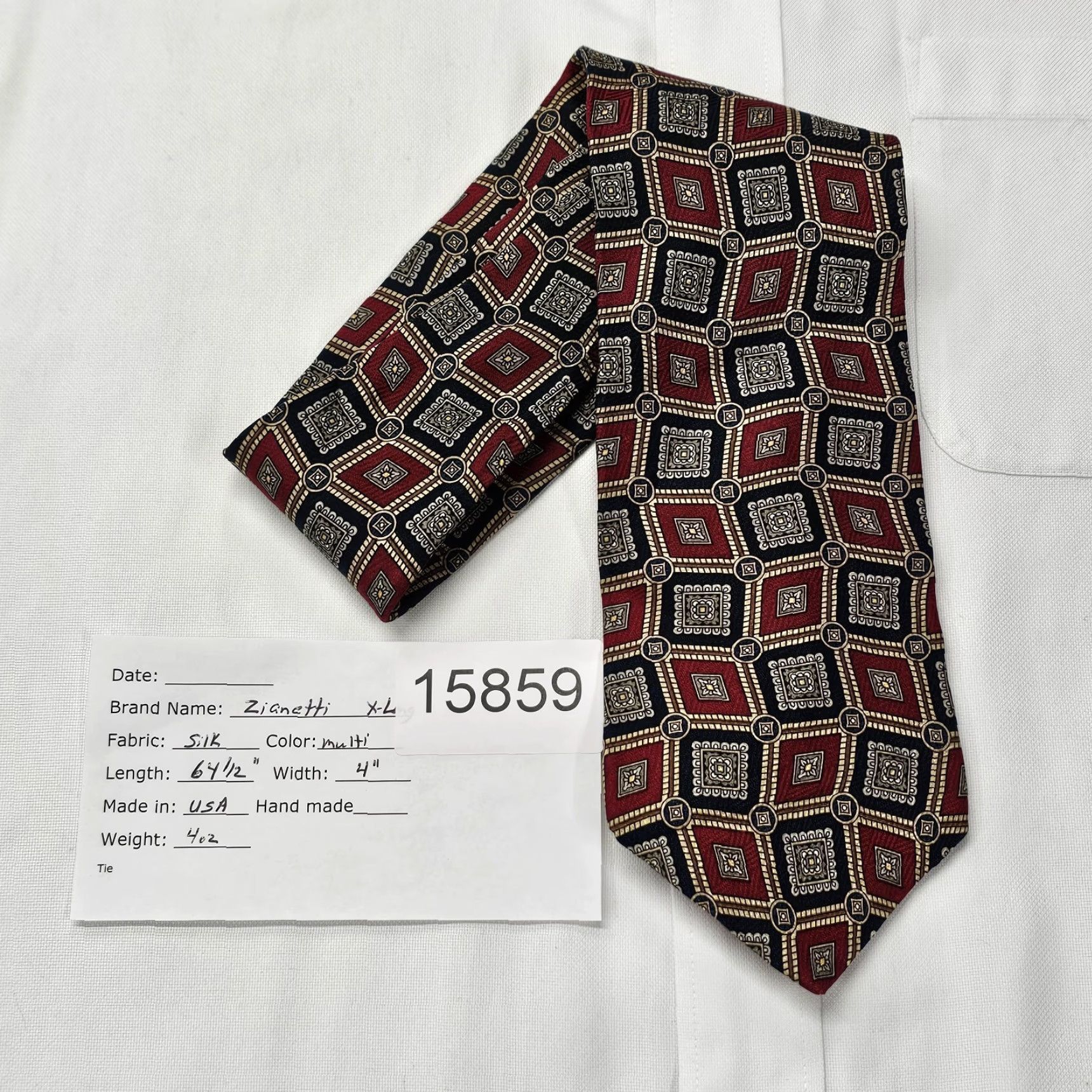 Vintage Zianetti X-Long Necktie Mens Red Geometric 100% Silk Preppy Retro Office Wear 64.5" x 4" Red Geometric Tie Classic Width Adult Mens Size ONE SIZE - 6 Thumbnail