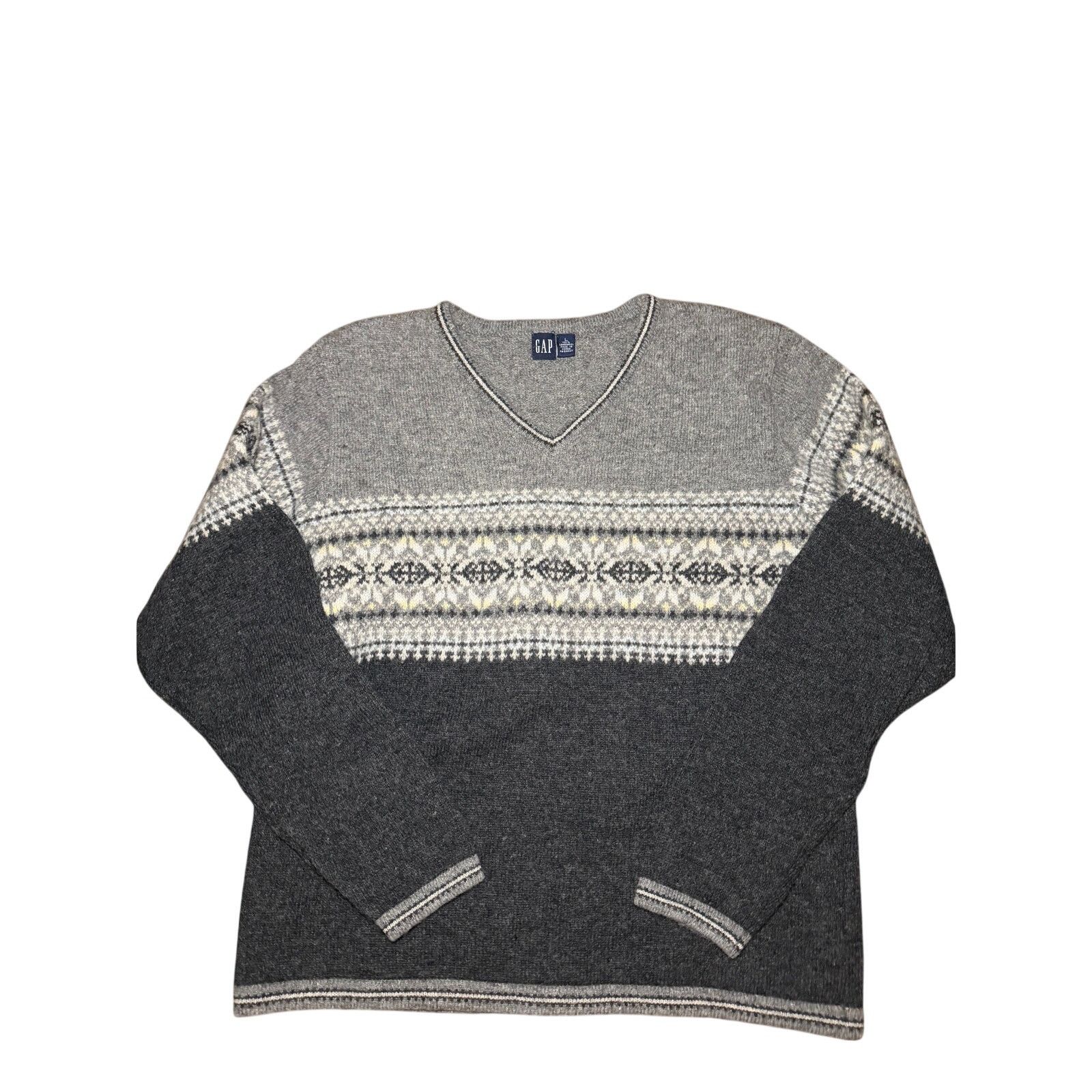 Gap GAP Gray Fair Isle V-Neck Lambs Wool Blend Sweater Size US L / EU 52-54 / 3 - 1 Thumbnail
