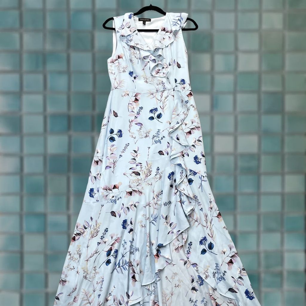 Banana Republic VINTAGE Banana Republic Dress Womens 4 Blue Faux Wrap Maxi Floral Ruffle Asymmetrical Size S / US 4 / IT 40 - 1 Thumbnail