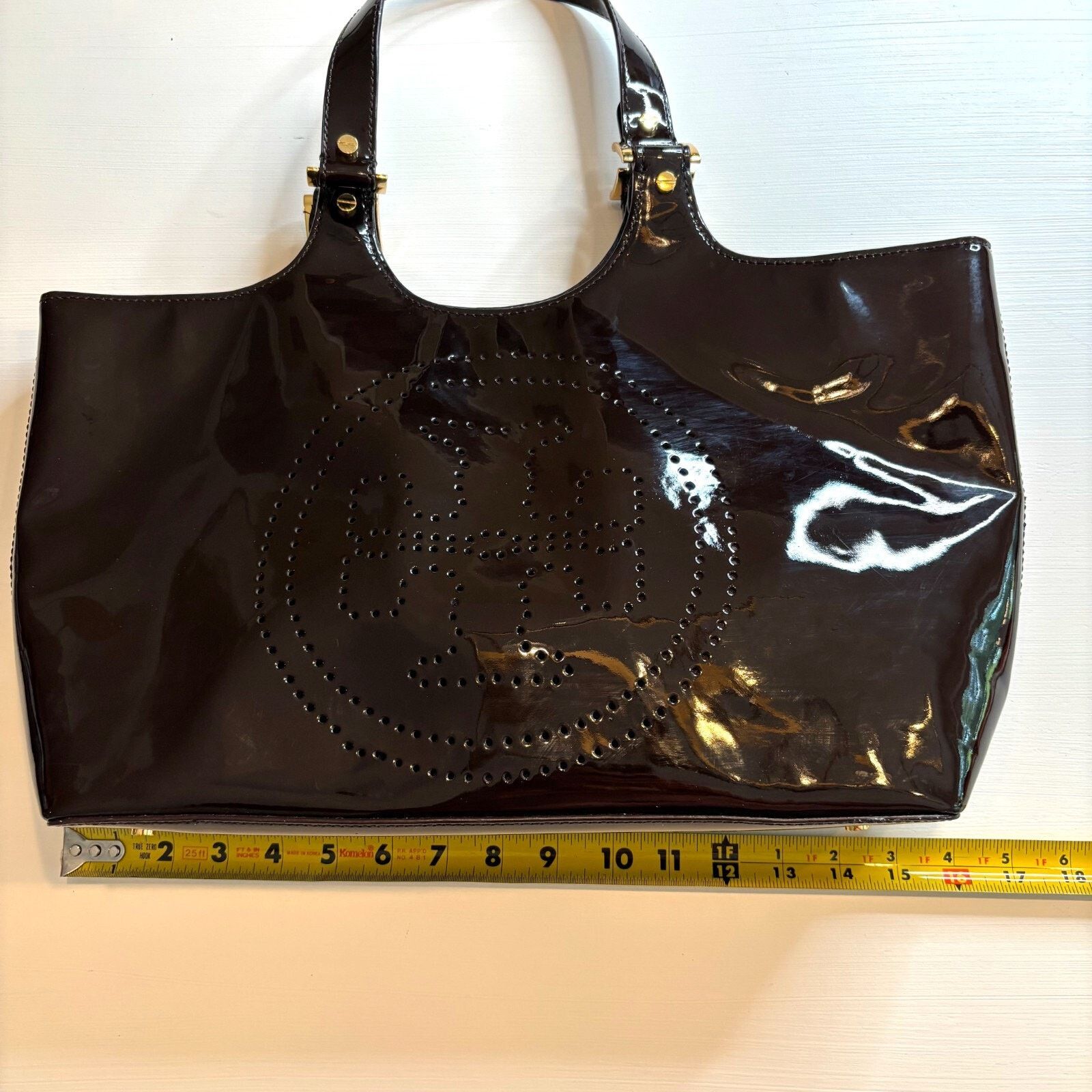 Tory Burch Tory Burch Logo Black Patent Leather Bombe Large Tote Purse Size ONE SIZE - 9 Thumbnail
