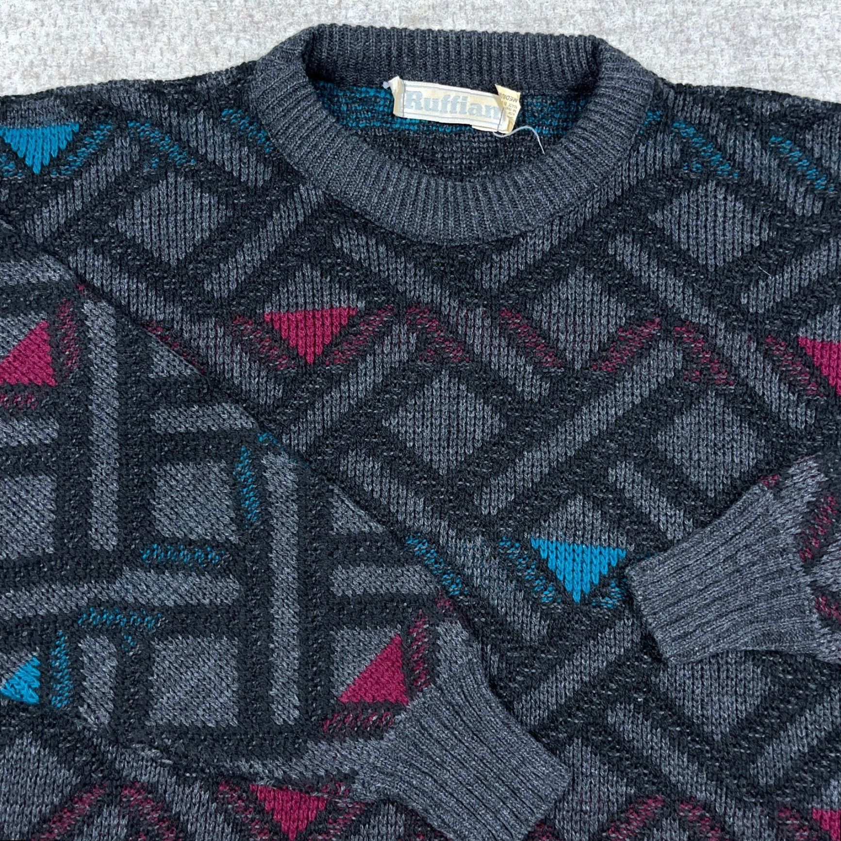 Vintage VINTAGE Ruffian Sweater Men M Gray Geometric Acrylic Knit 80s 90s USA Cosby Grandpa Pullover Crew Neck Mens Size US M / EU 48-50 / 2 - 2 Thumbnail