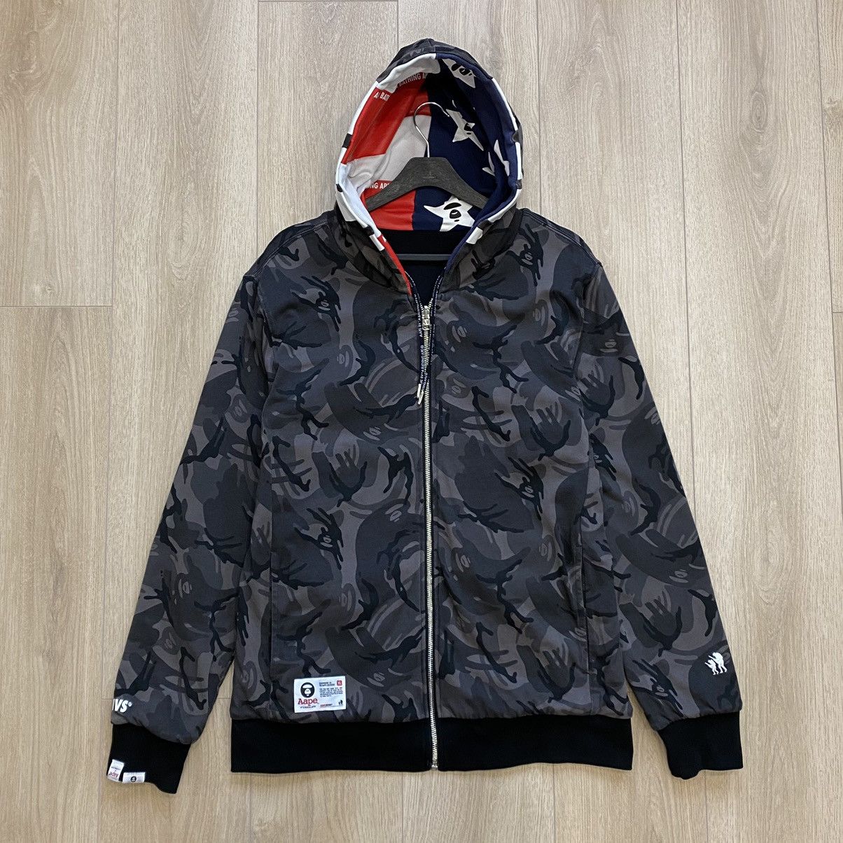image of Aape Camo Reversible Zip Hoodie in Black, Men's (Size XL)