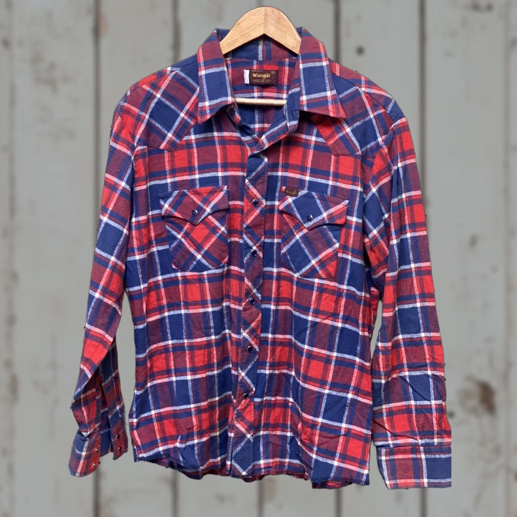 Wrangler VINTAGE Wrangler Shirt XL Long Sleeve Flannel Plaid Blue Snap Western Cowboy Shirt Mens Size US XL / EU 56 / 4 - 1 Thumbnail