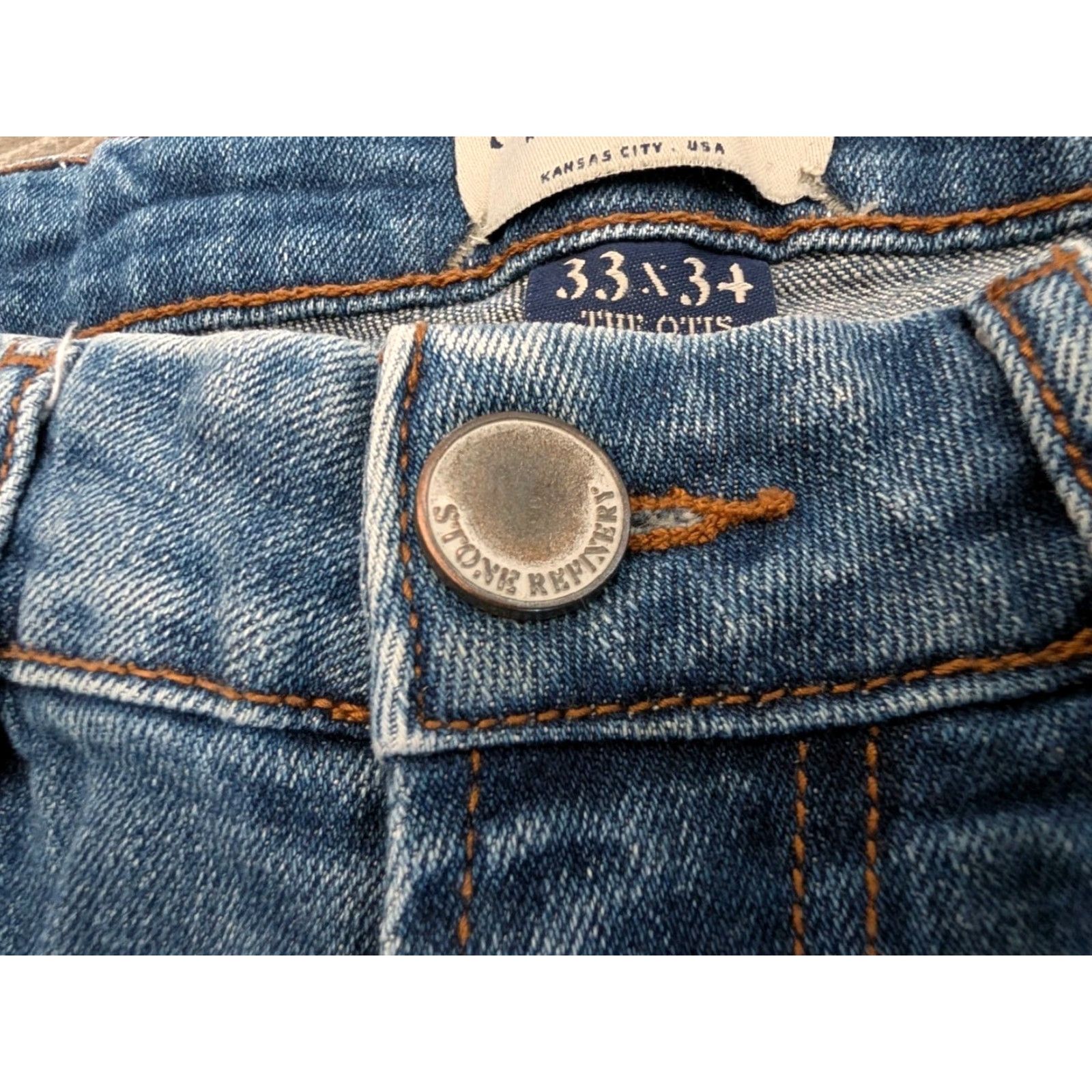 Vintage Stone Refinery The Otis Jeans Mens 33 x 34 Straight Distressed Blue Cotton Spandex Regular Denim 5-Pocket Adapted Vintage No Size US 33 - 5 Thumbnail