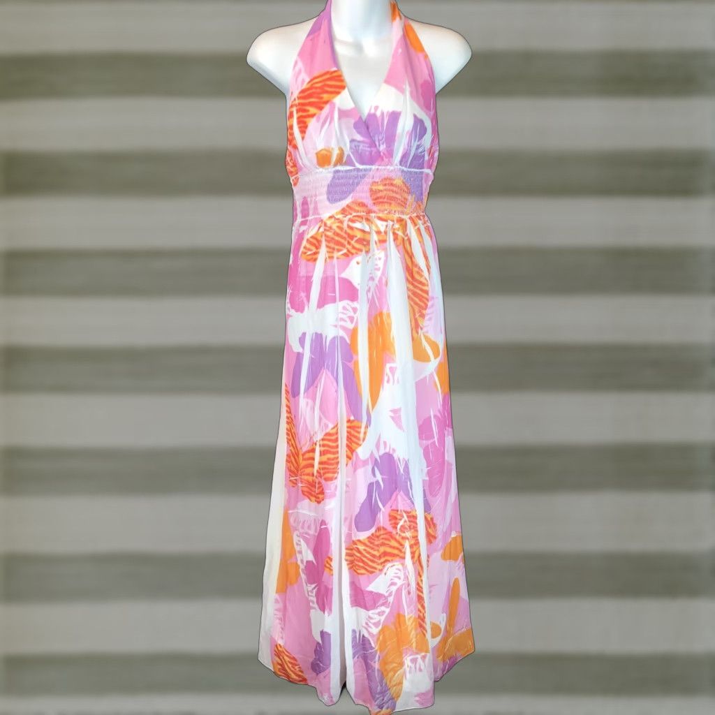 Vintage MKM Maxi Halter Dress L Pink/purple Floral Smocked Flowy Beach Tropical Dress Size L / US 10 / IT 46 - 1 Thumbnail