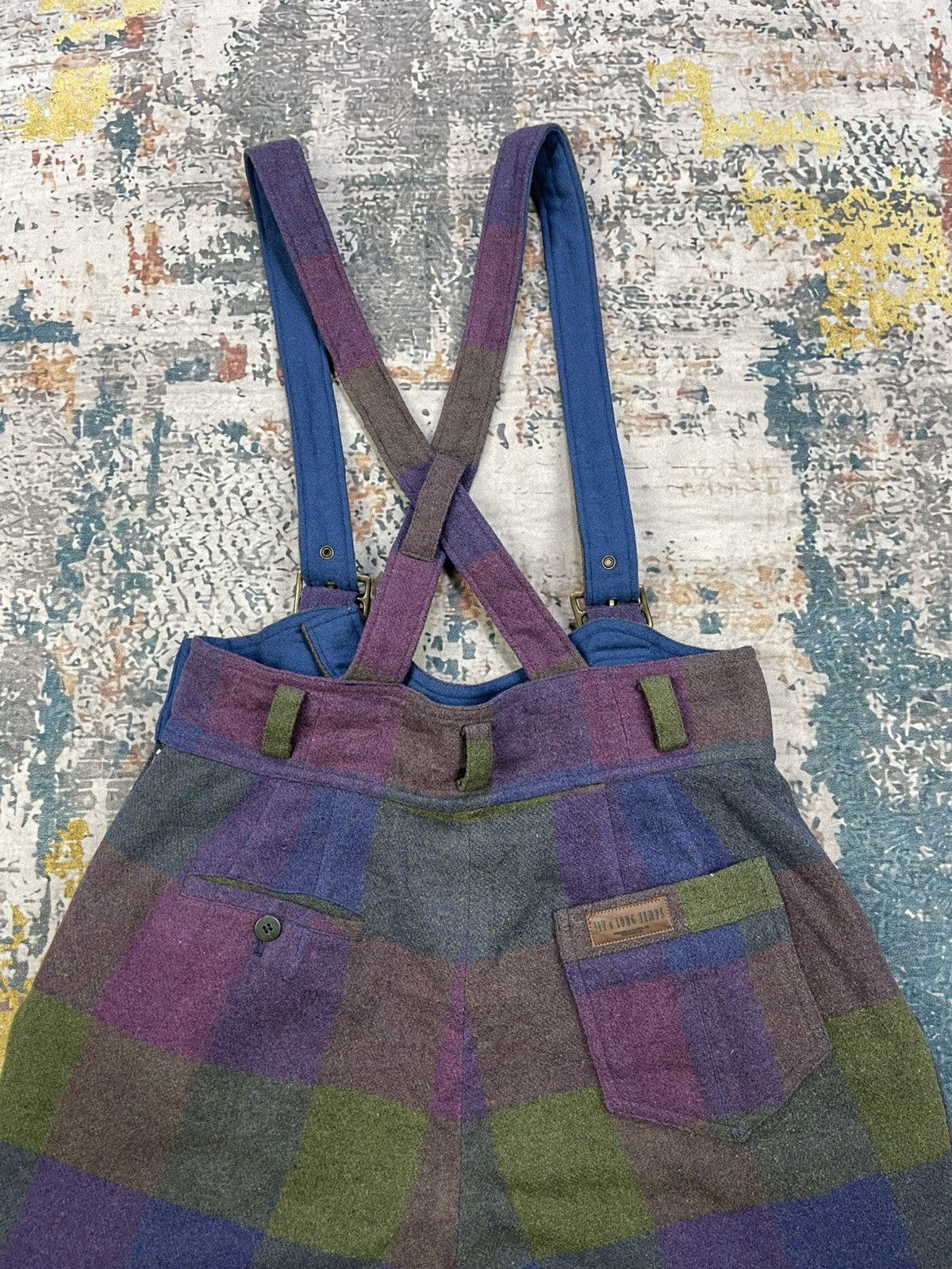 Japanese Brand Vintage Boho Patchwork Plaid Wide Leg Wool Dungaree Size US 30 / EU 46 - 7 Thumbnail