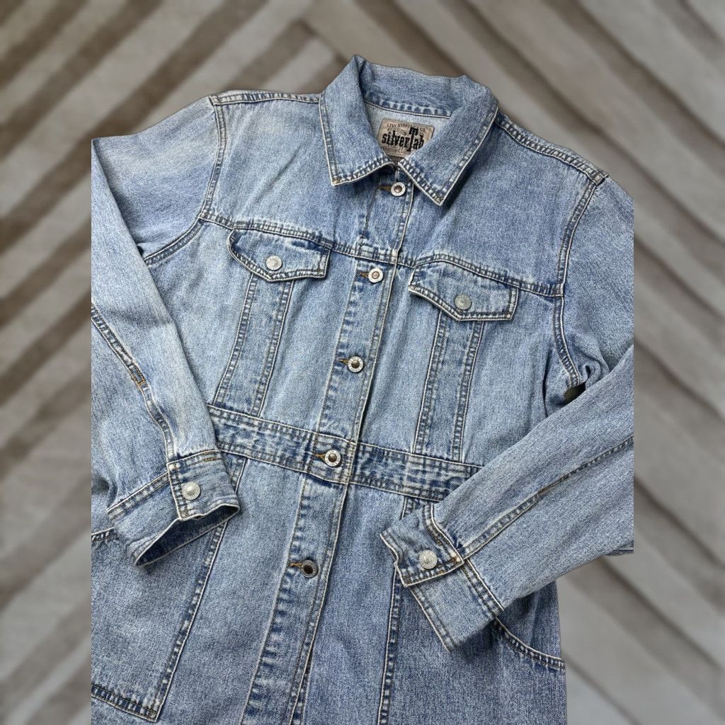 Levi's VINTAGE Levi's Womens Large Blue Denim Trucker Long Jacket Silver Tab Jeans Jacket Size 36" / US 14 / IT 50 - 1 Thumbnail