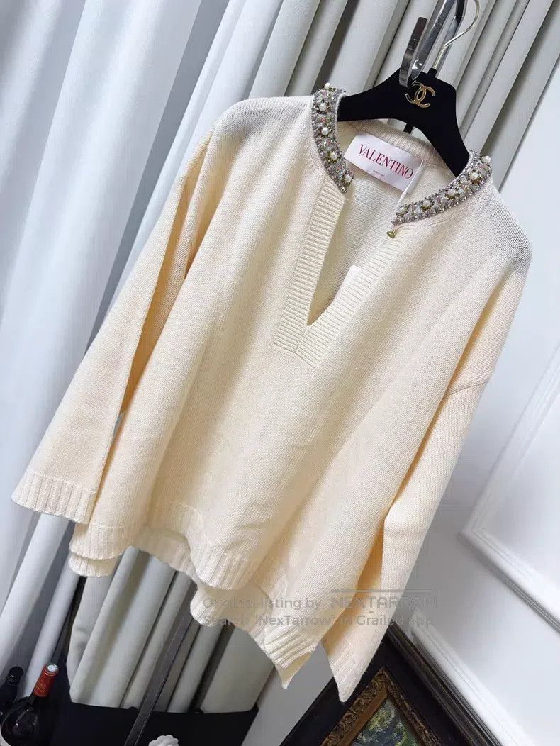 Valentino Valentino Off-white long-sleeved V-neck studded beaded dia Size L / US 10 / IT 46 - 1 Thumbnail