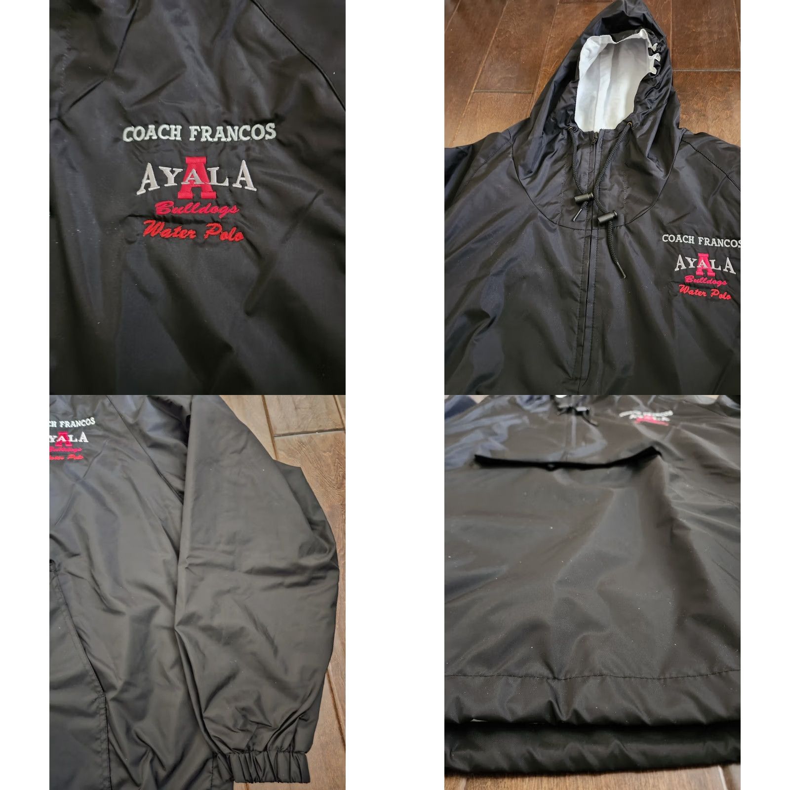 Vintage VINTAGE? No. Ayala High School Bulldogs Water Polo Coach Francos Windbreaker Jacket L Black Nylon Zip Drawstring Men Regular Size US L / EU 52-54 / 3 - 8 Thumbnail