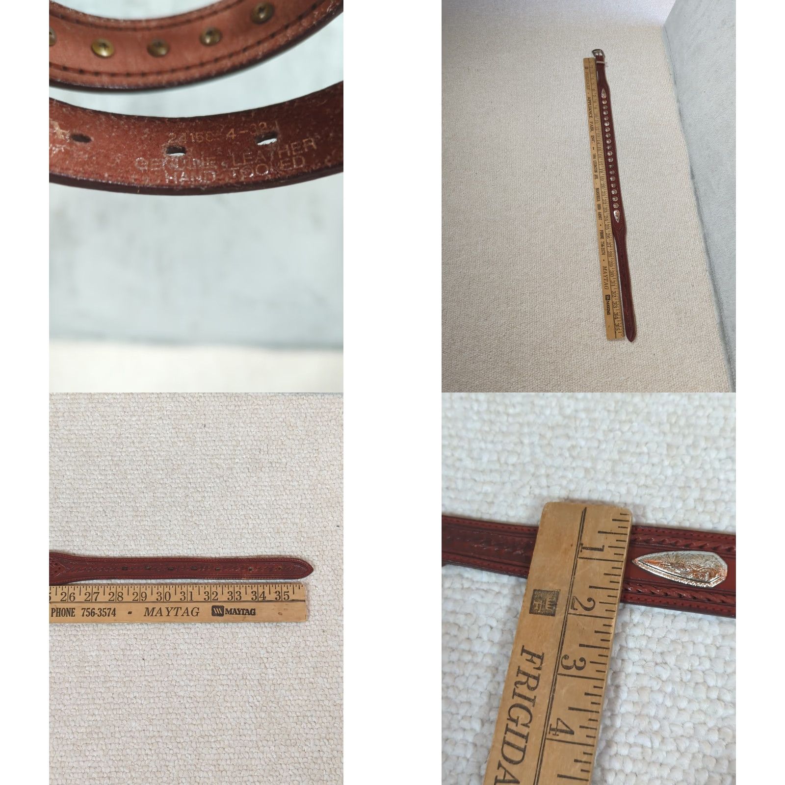 Vintage Nocona Western Belt Unisex Adults Size 32 Brown Leather Hand Tooled Medallions Buckle Adjustable USA Size 32 - 8 Thumbnail