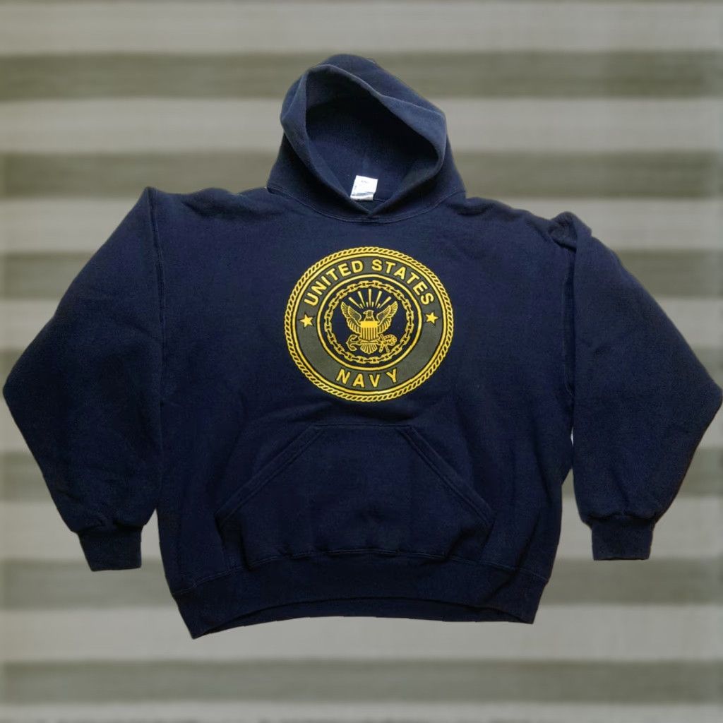 Soffe US Navy Vintage Hoodie Mens L Blue Logo Pullover Sweatshirt Military USA Pullover Hooded Logo Breathable All Seasons 90s Theme Retro Size US L / EU 52-54 / 3 - 1 Thumbnail