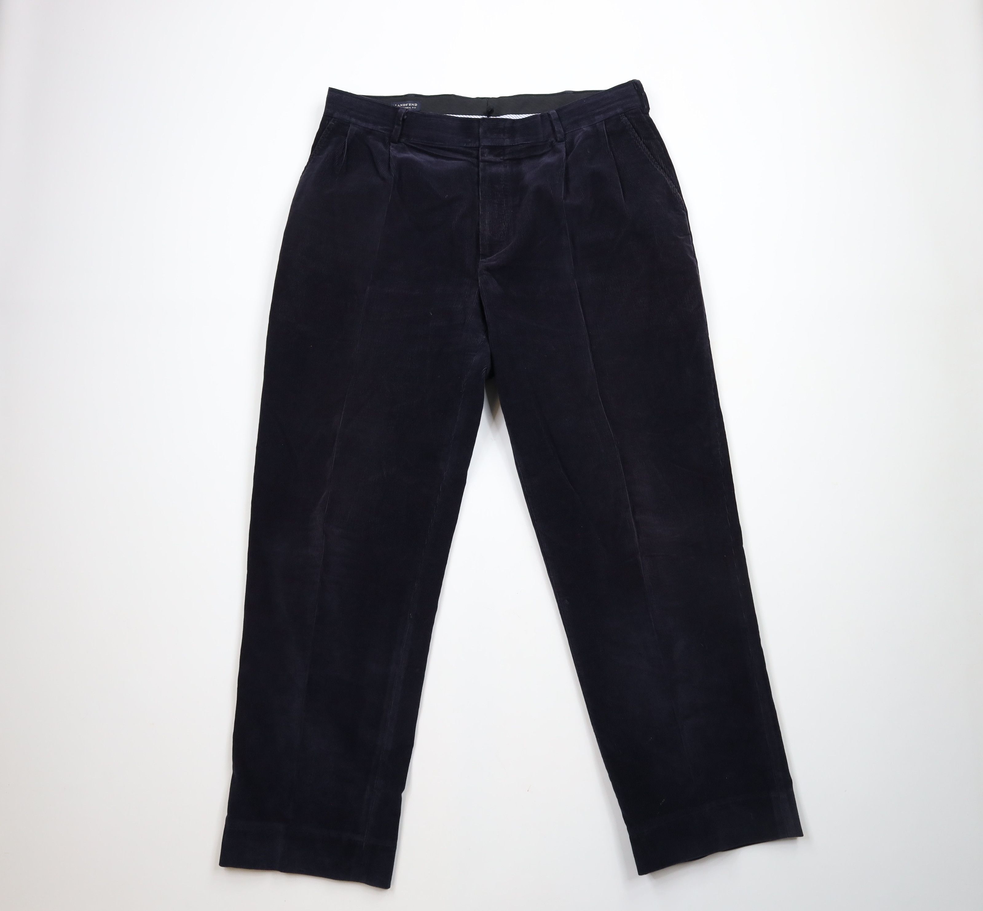Lands' End × Vintage Vintage 90s Lands End Pleated Wide Leg Corduroy Pants Blue Size US 37 - 1 Thumbnail