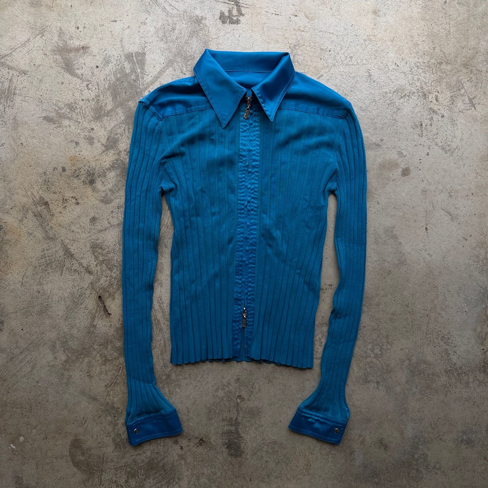 Other Vintage y2k Blue Ribbed Knit Full-Zip Collared Shirt Size L / US 10 / IT 46 - 1 Thumbnail