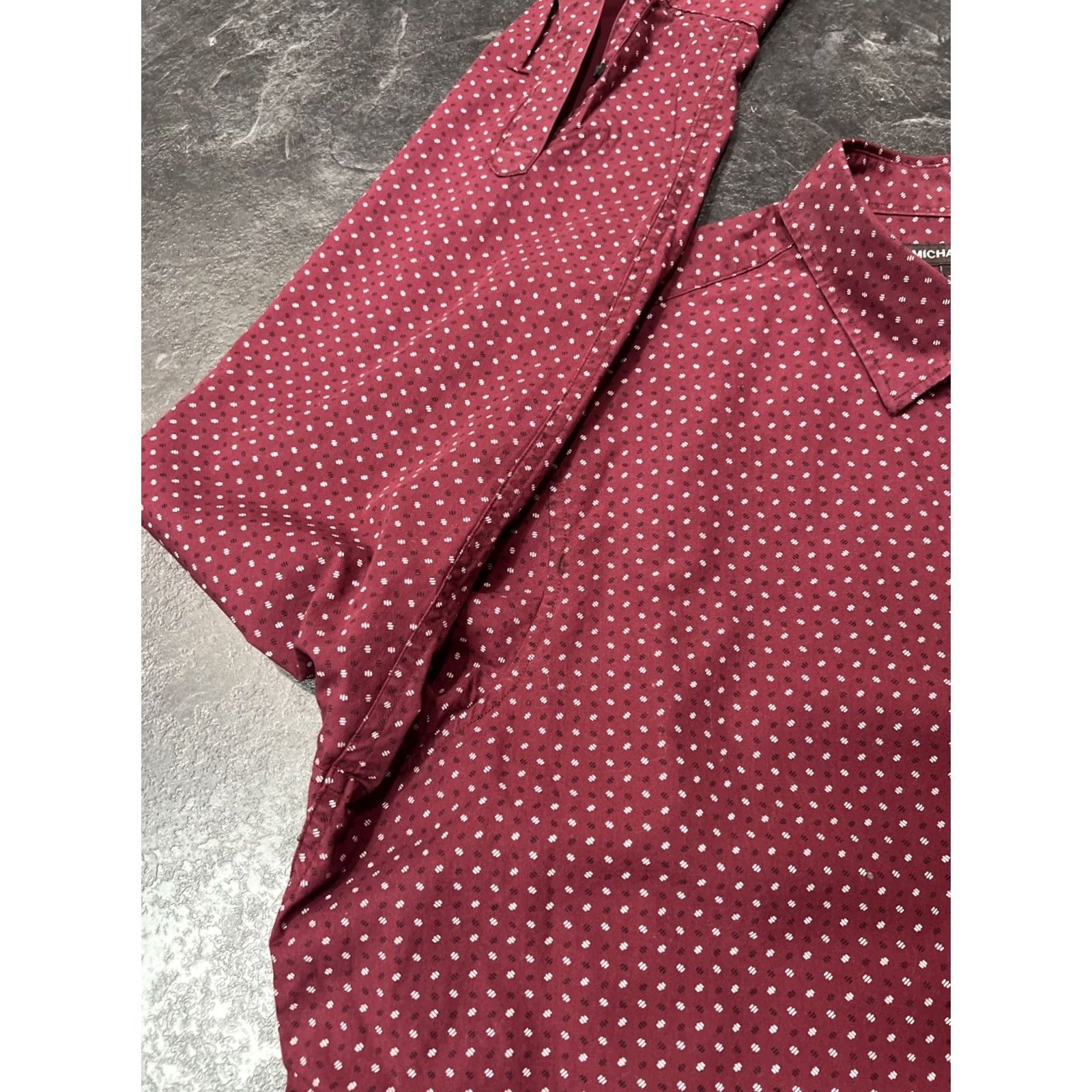 Michael Kors Michael Kors Button Down Shirt Men XL Red Slim Cotton Elastane Navy Burgundy Dot Pattern Long Sleeve Collared Bottom Down Dress Shirt Size 46R - 6 Thumbnail