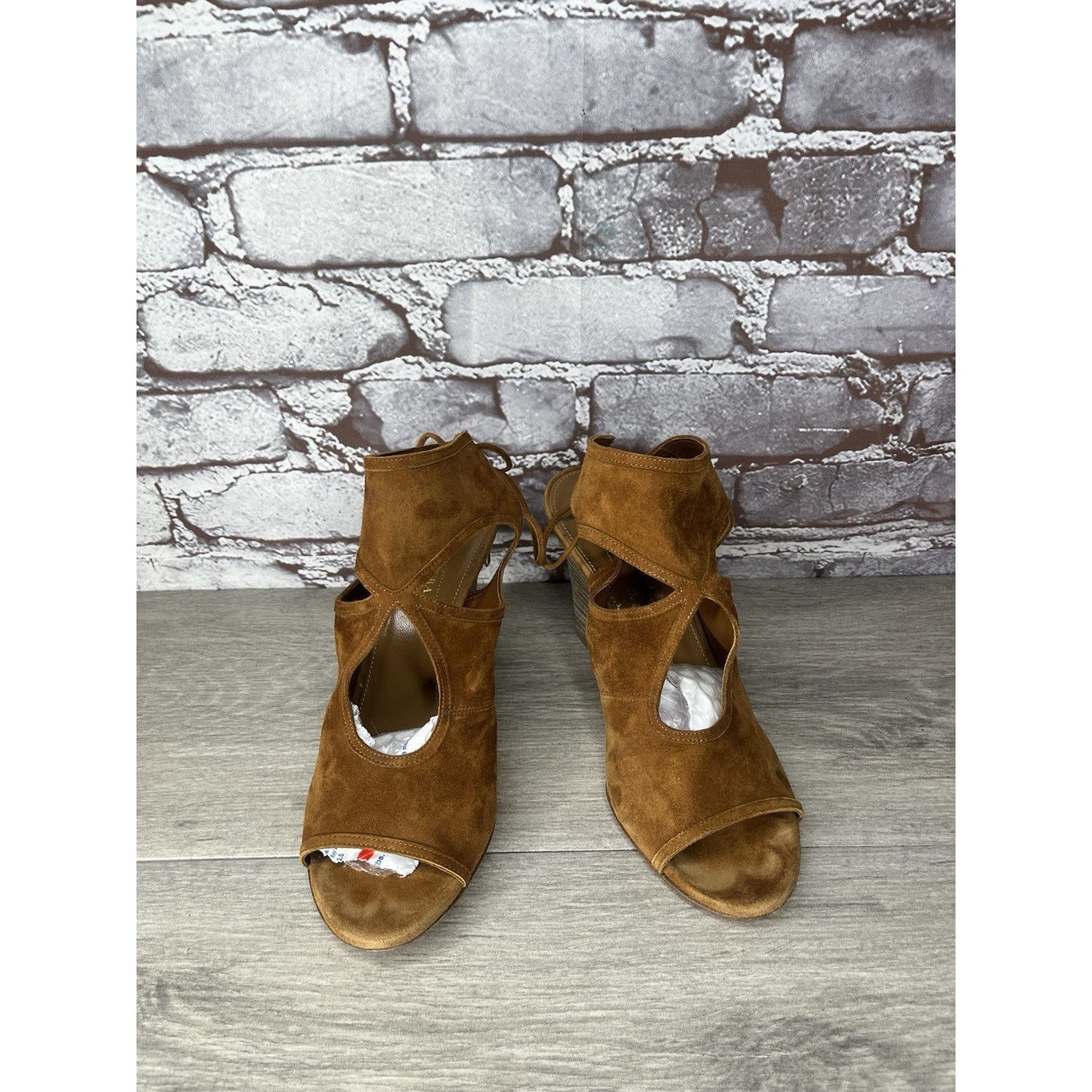 Aquazzura Aquazzura Sexy Thing Camel Ankle Open Toe Lace Up Suede Wedg Size US 7 / IT 37 - 14 Thumbnail