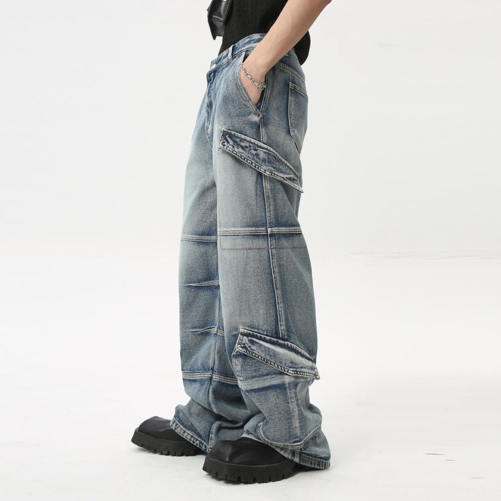 Japanese Brand Light Blue Cargo Denim Jeans, Loose Fit Wide Leg Jeans Size US 30 / EU 46 - 3 Thumbnail