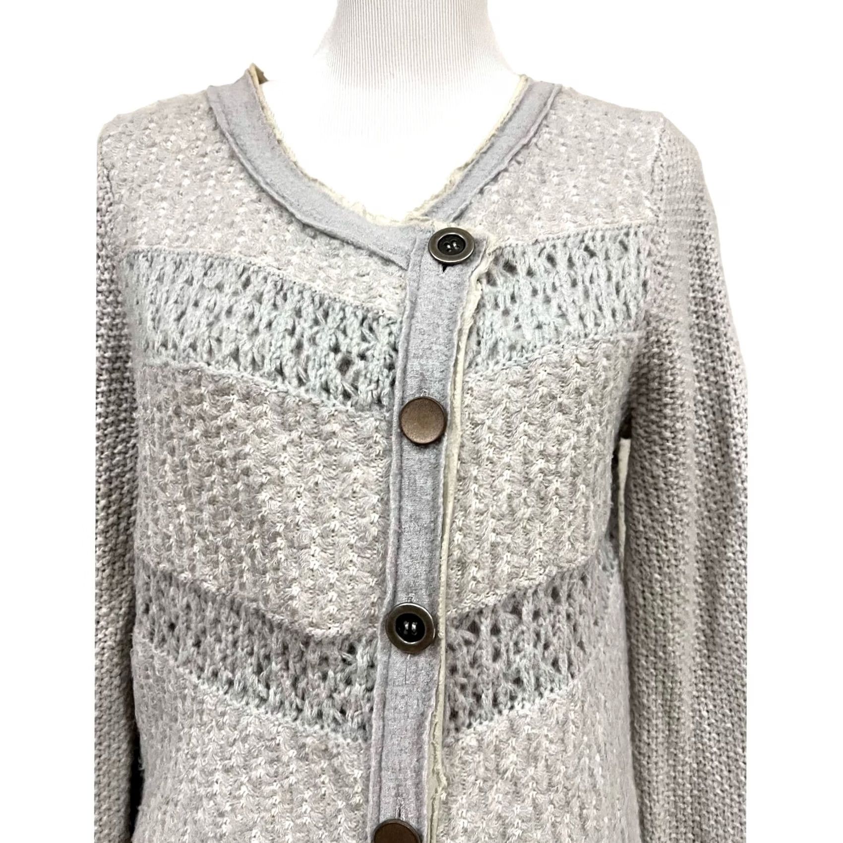 Free People VINTAGE Free People Gray Cardigan Sweater Crochet Stripe Crossover Button Up Women’s L Size L / US 10 / IT 46 - 3 Thumbnail