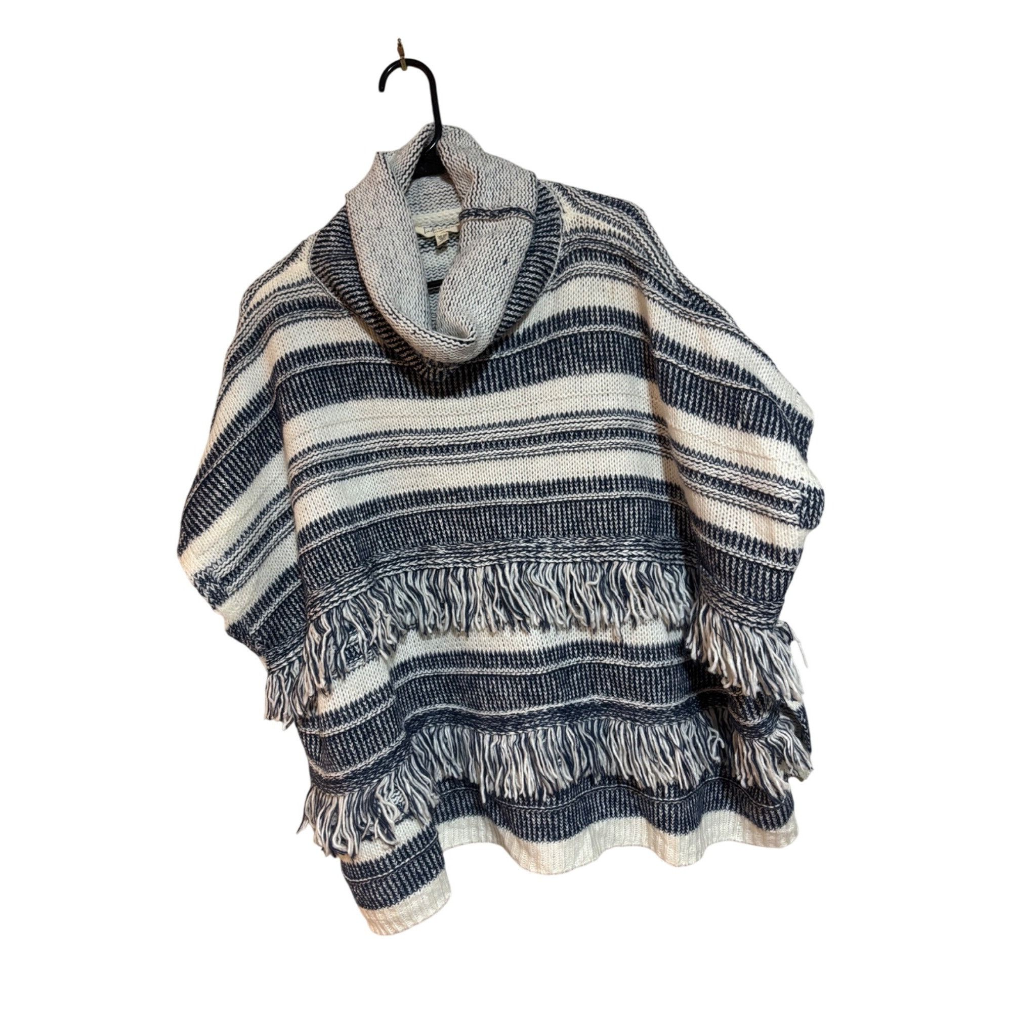 Other Striped Fringe Women Cowl Neck Poncho Navy Cream OS Cottagec Size ONE SIZE - 2 Thumbnail