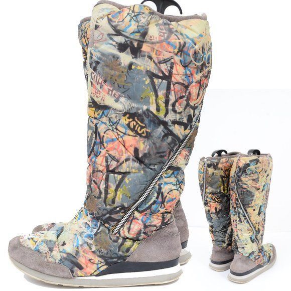 image of Adidas Y2K Graffiti Quilted Puffer Knee Suede Boots Wo in Grey, Women's (Size 10)