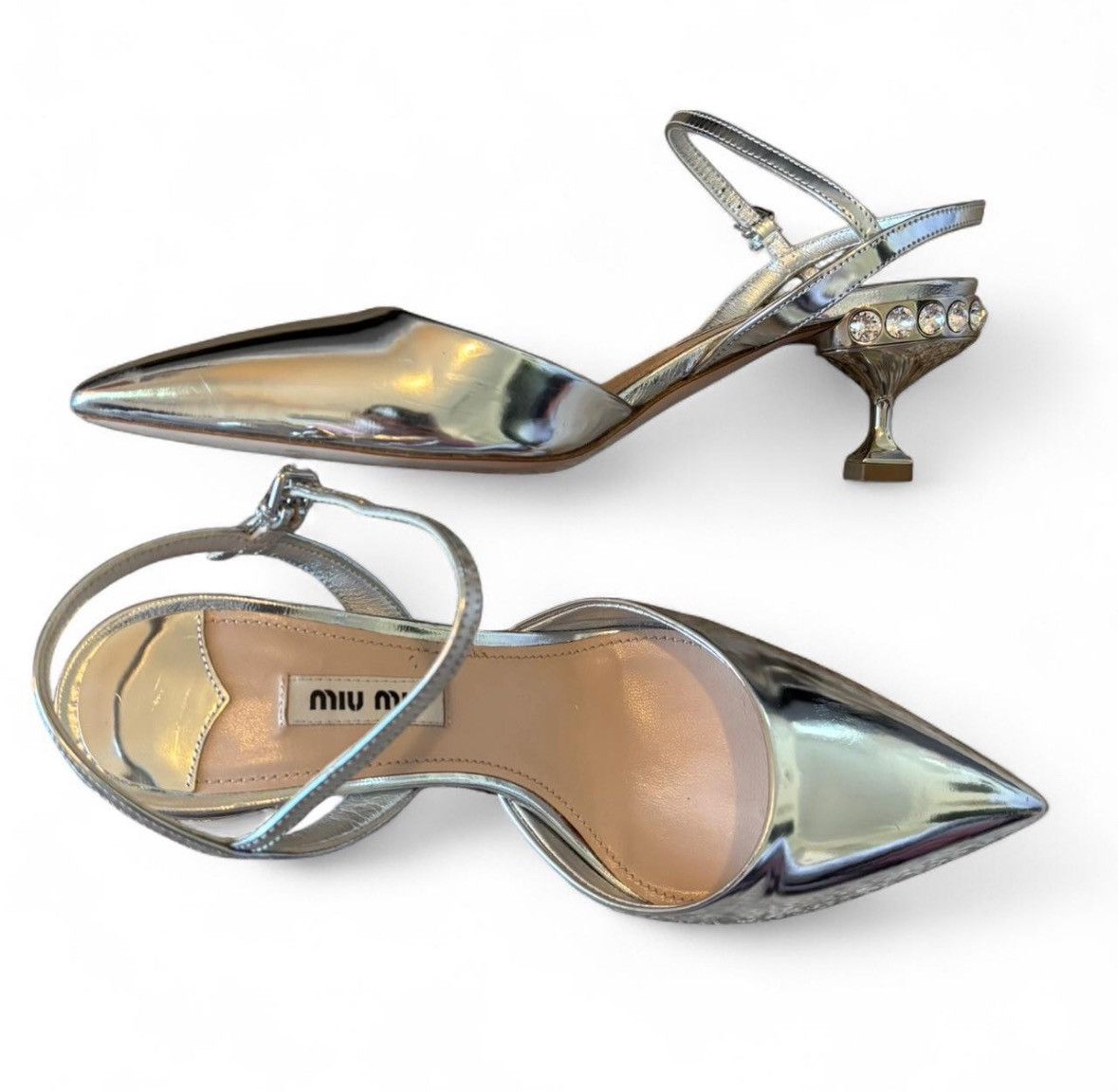 Miu Miu Miu Miu Silver Patent Leather Pointed Toe Slingback Heels Size US 5 / IT 35 - 2 Thumbnail