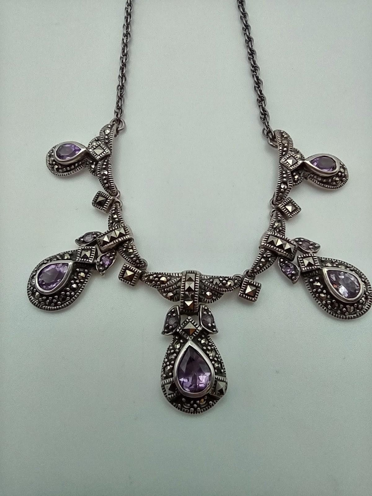 The Unbranded Brand Sterling 925 Amethyst Marcasite Necklace 16" 24.4g Size ONE SIZE - 2 Thumbnail