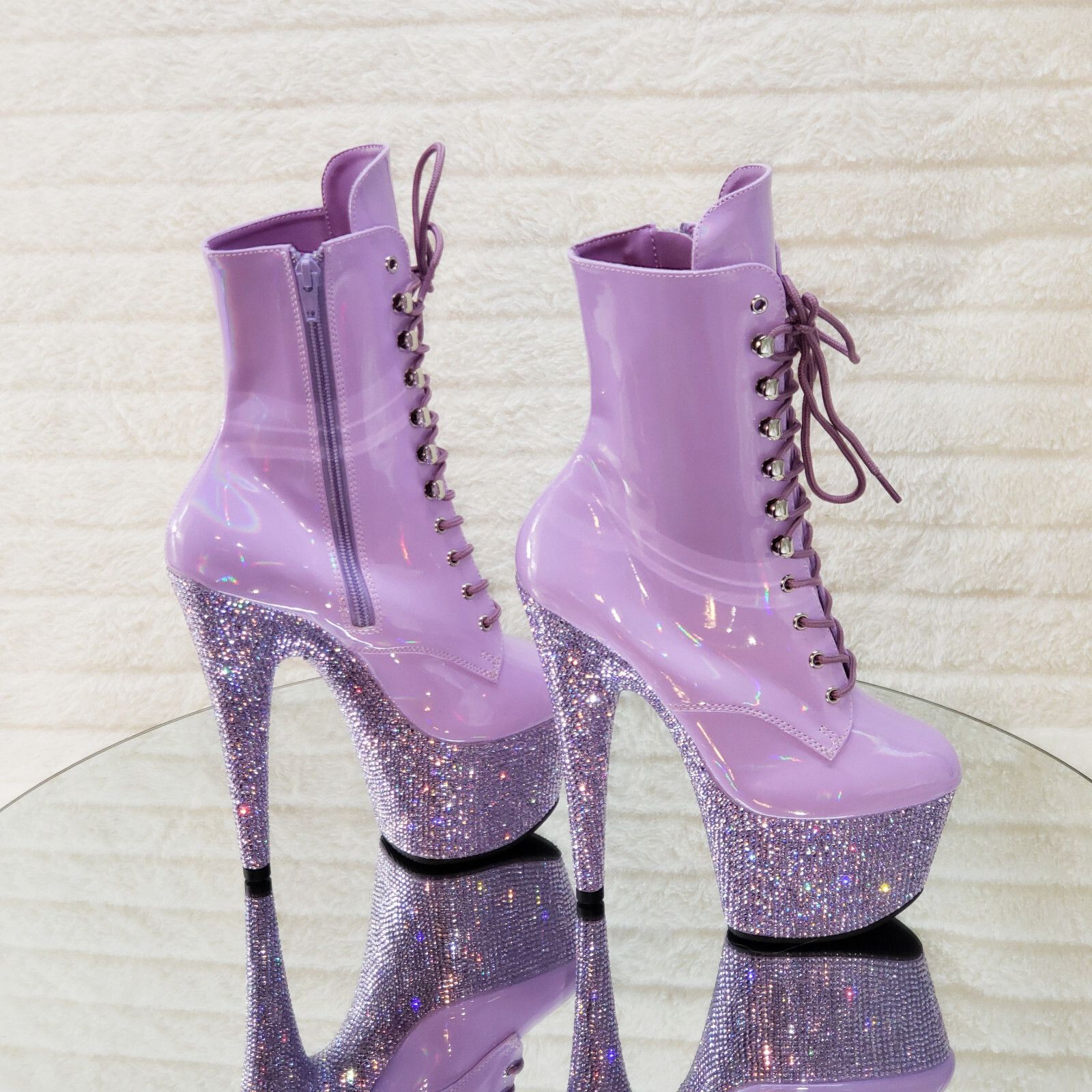 Other Bejeweled Lilac Rhinestone Platform Lace Up Ankle Boots 7" H Size US 10 / IT 40 - 3 Thumbnail