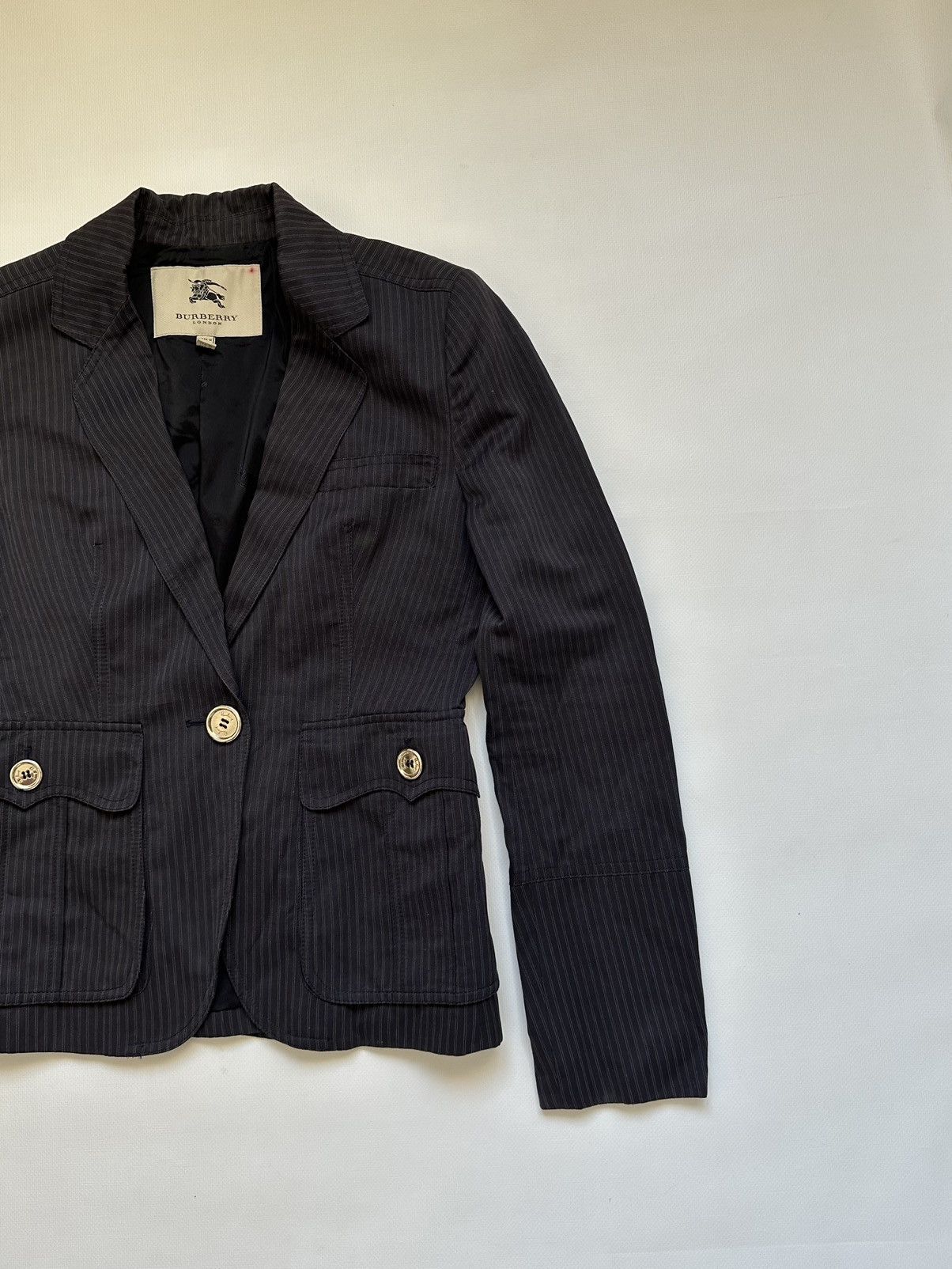 Burberry-Vintage Navy Gray Blazer Jacket-Shiny Silver