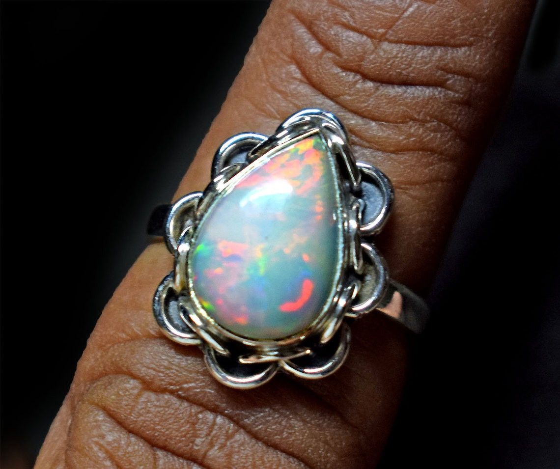 Handmade Pear Ethiopian Opal Ring Handmade 925K Silver Ring Size ONE SIZE - 4 Thumbnail