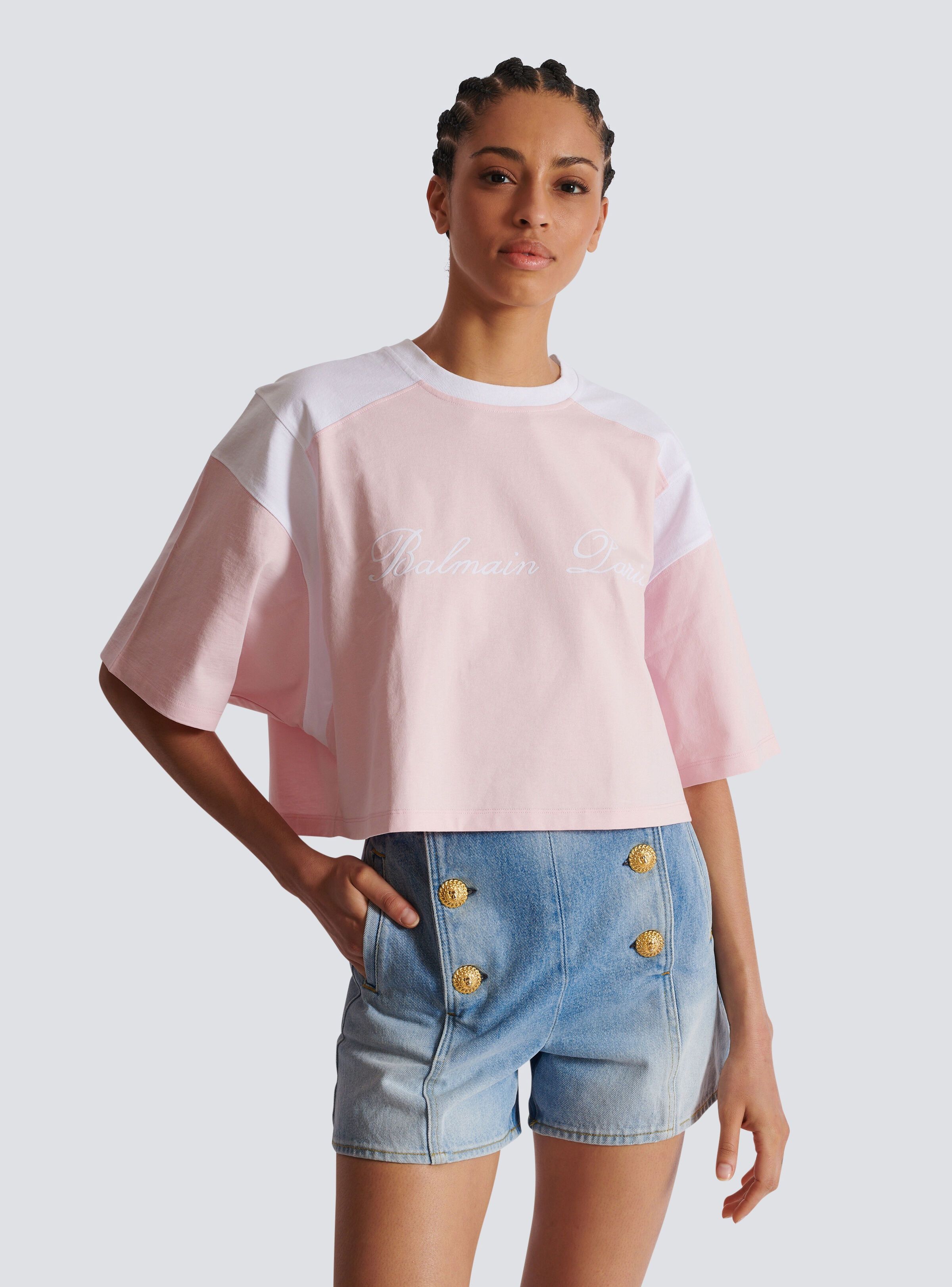Balmain o1s1wg110725 Logo Colorblock Cropped T-Shirt in Pink Size S / US 4 / IT 40 - 3 Thumbnail