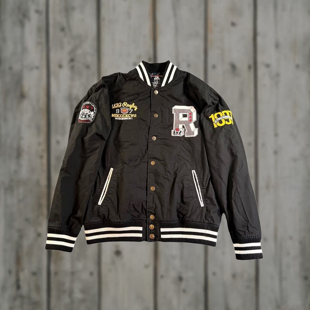 Vintage USA Rugby Varsity Bomber Jacket Mens 3XL Black Patchwork Snap Front Collegiate Size US XXL / EU 58 / 5 - 1 Thumbnail