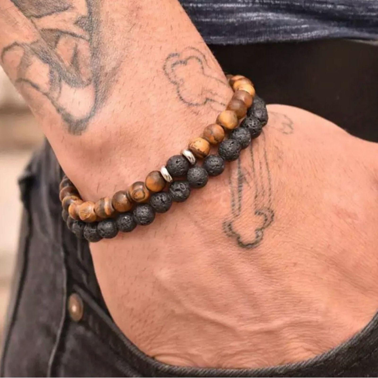 Other Double Black Lava Stone Beads bracelet For Men Wood Beaded Size ONE SIZE - 1 Preview