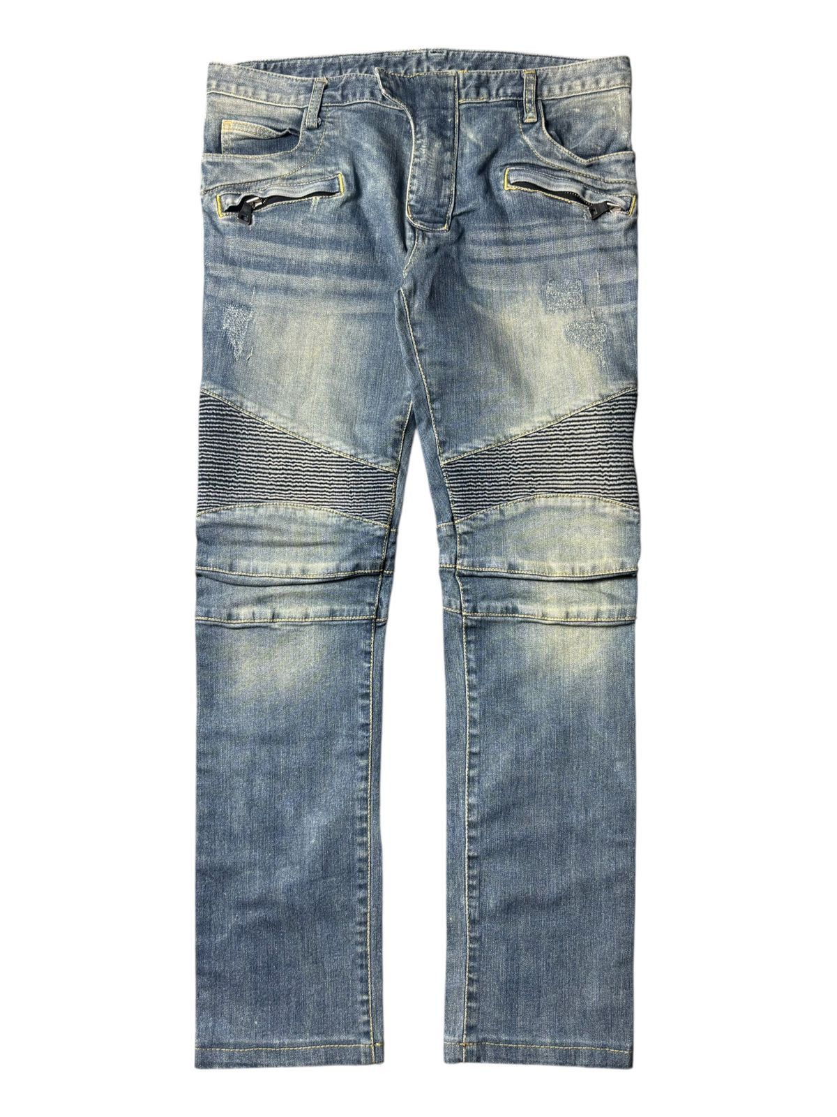 Balmain Blue Washed Destroyed Denim Biker Jeans | Grailed
