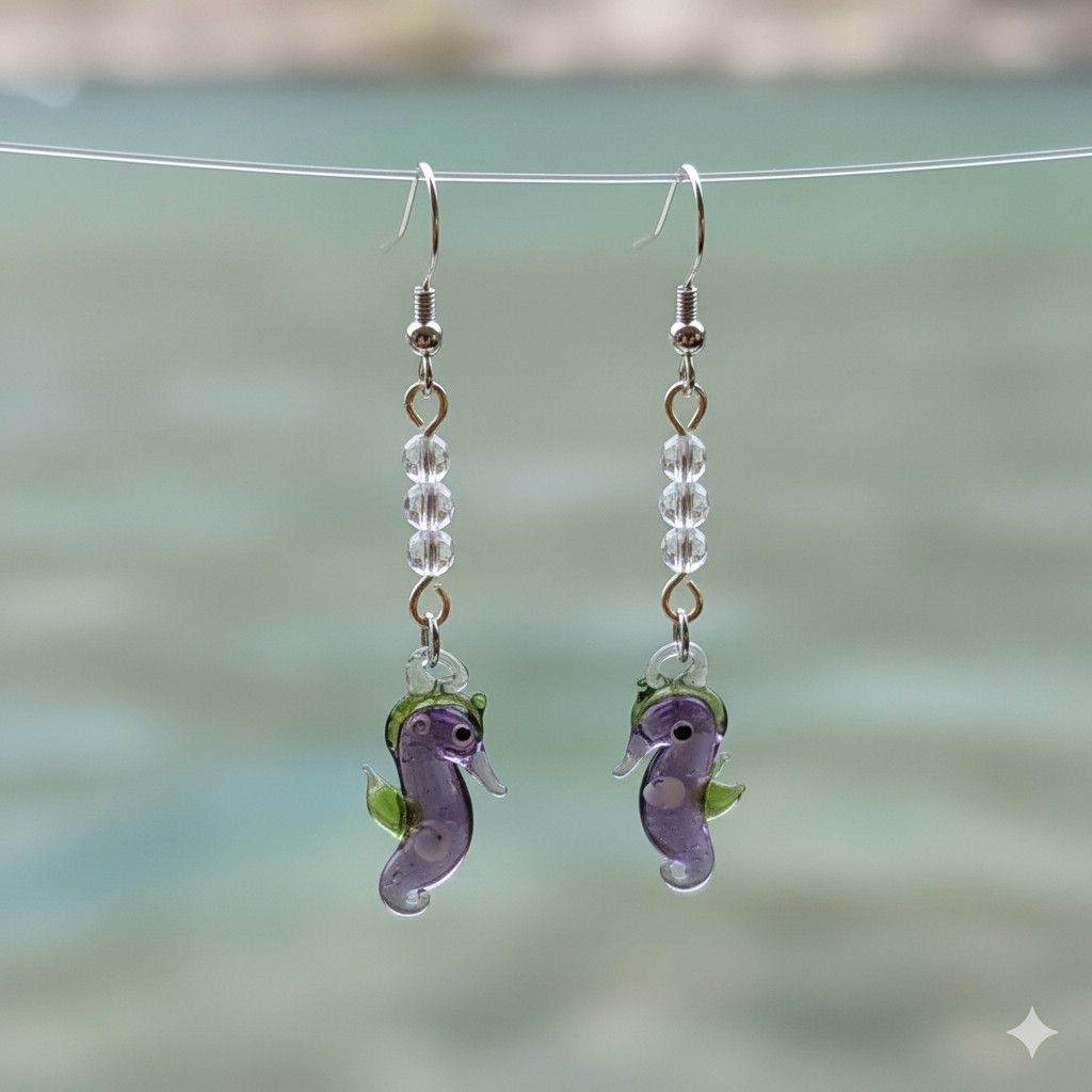 Handmade Glass Seahorse Earrings Artisan Clear Purple Green Sea Size ONE SIZE - 6 Thumbnail